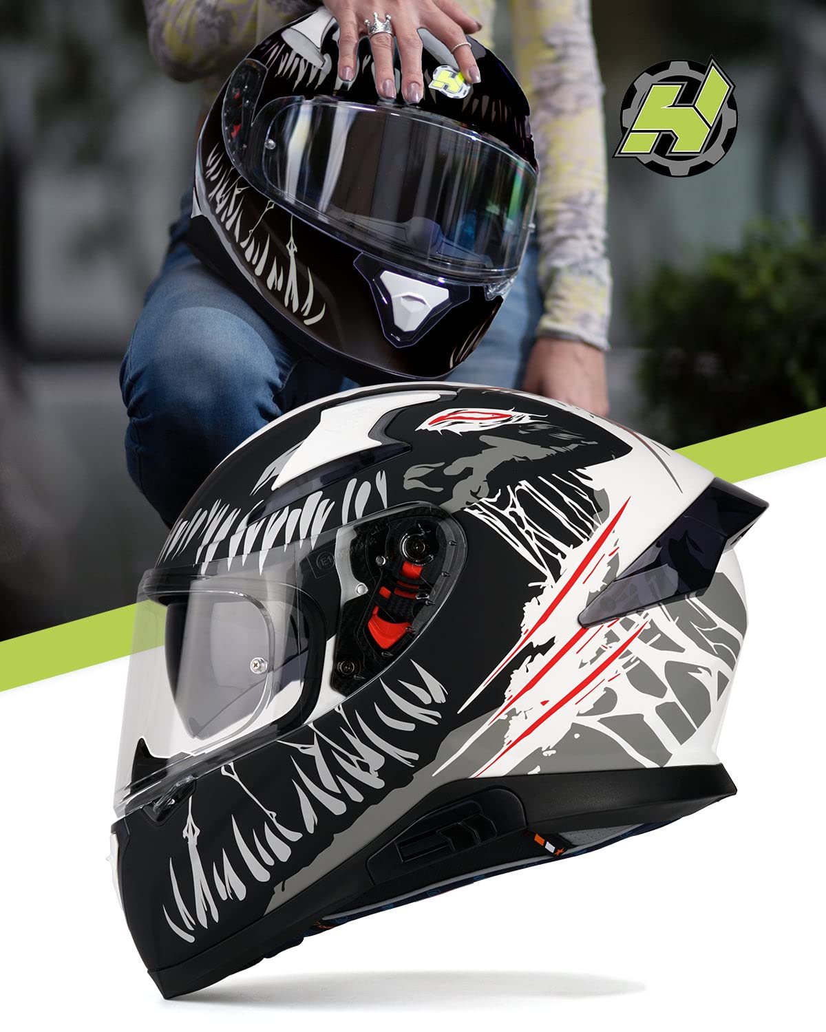 HAX DOT Approved Full Face Motorcycle Helmet - Lightweight Dual Rear Wing Design with Pinlock Ready Visor - Street Bike Helmet for Men & Women (Impulse Devour Black, Size S) - Perfect for Urban Commuting, Highway Riding and Motorcycle Enthusiasts