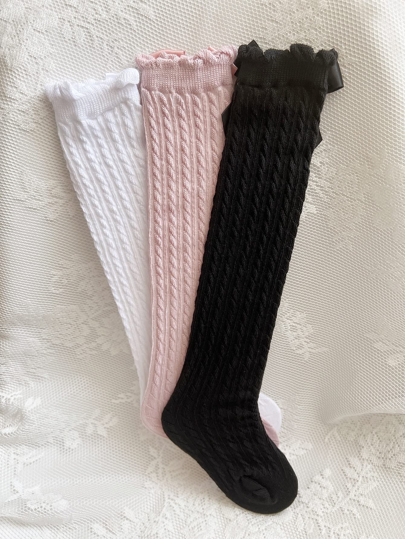 OYOANGLE Girls' 3-Pair Knee High Socks with Bow - Cute Over-the-Calf Stockings for Kids - Perfect for School Uniforms, Winter Outfits & Dress-Up Play
