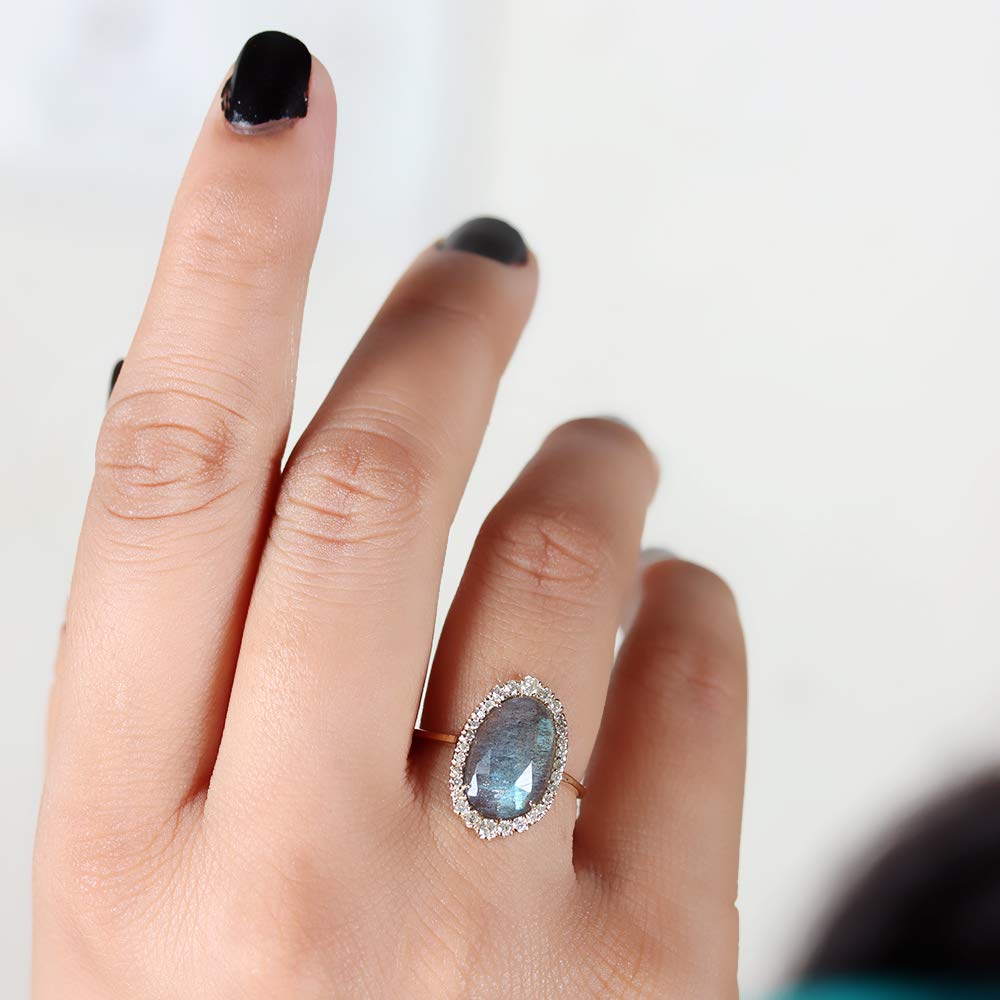 Anjistouch 14K Yellow Gold Labradorite Gemstone Ring with Pave Diamonds | Natural Round Cut Women's Jewelry for Everyday Wear & Special Occasions