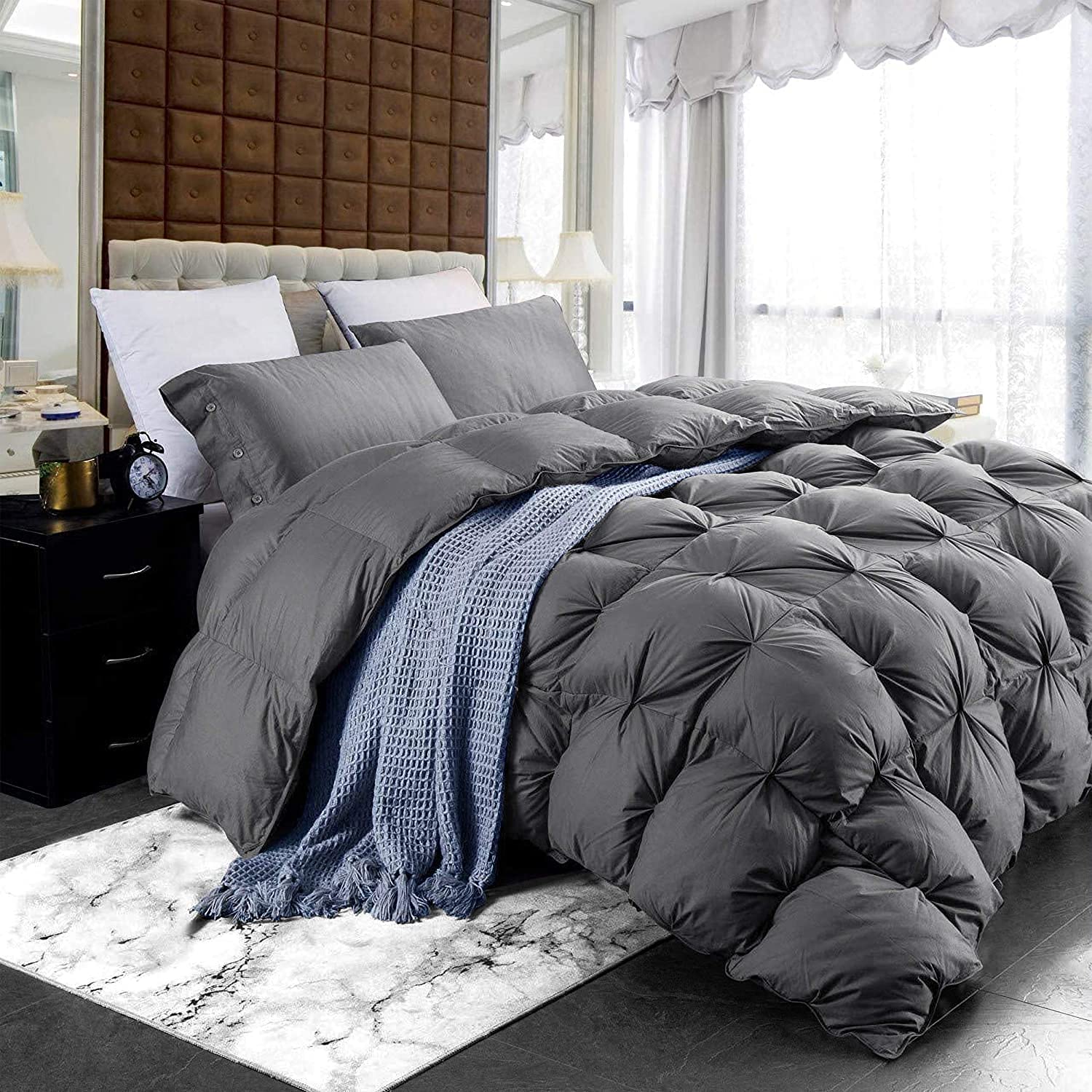 Premium 100% Egyptian Cotton Goose Down Comforter - Heavyweight 95 oz Fill, Baffle Box Design, Luxurious Pinch Pleat in Elegant Gray - Oversized King 120
