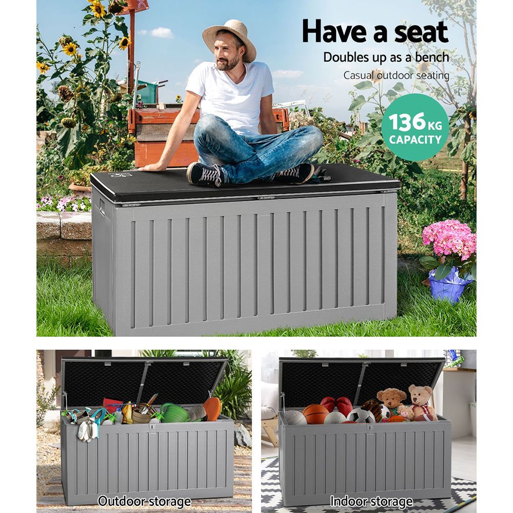 Gardeon 270L Outdoor Storage Box with Lock - Waterproof Garden Bench & Tool Shed for Patio, Deck, Backyard (Grey) | Perfect for Storing Cushions, Gardening Tools & Outdoor Equipment