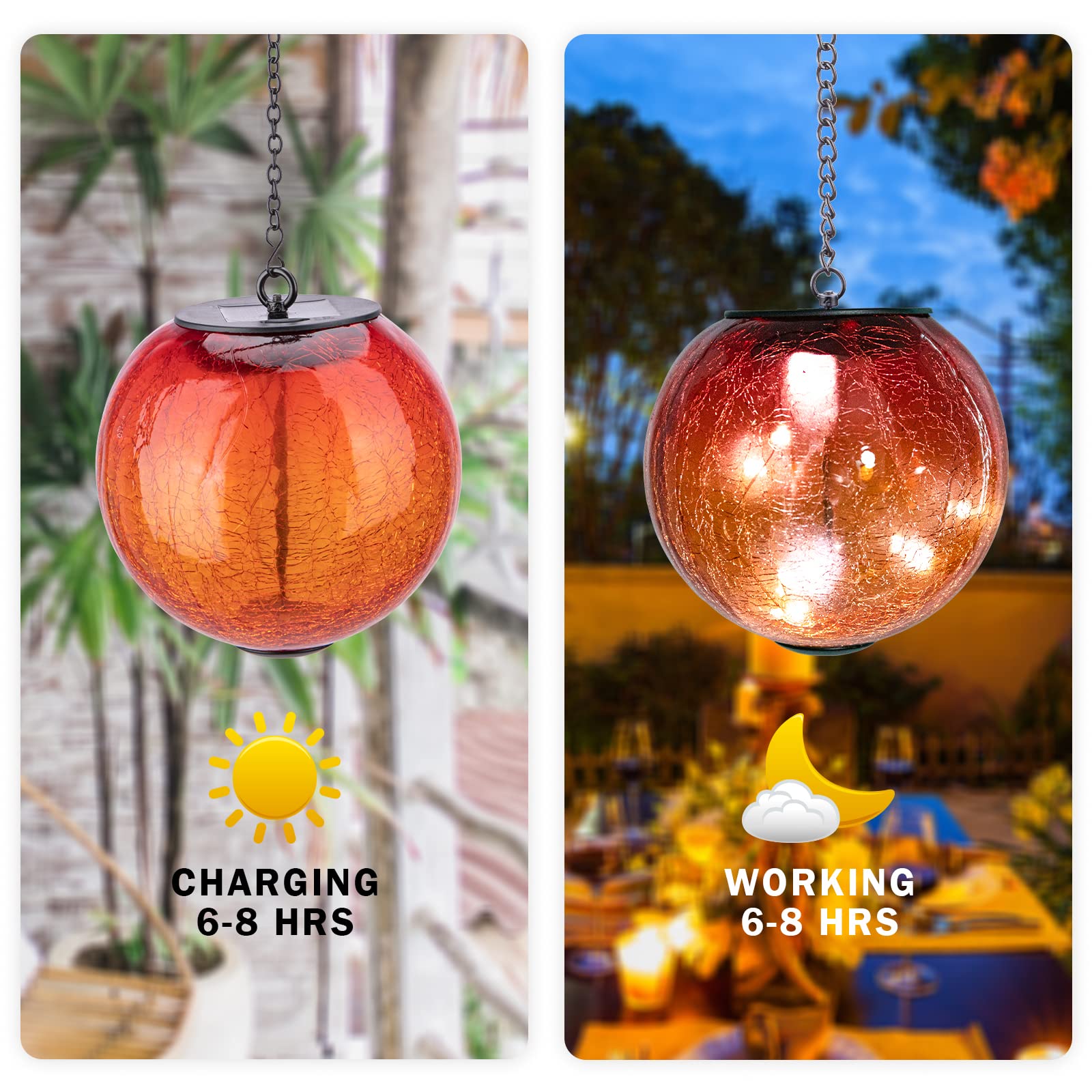 Outdoor Solar Lanterns - Waterproof Hanging Cracked Glass Ball Lights with LED, Solar Powered for Porch, Patio, Garden Decor | Perfect for Outdoor Parties, Weddings & Pathway Lighting (Orange)