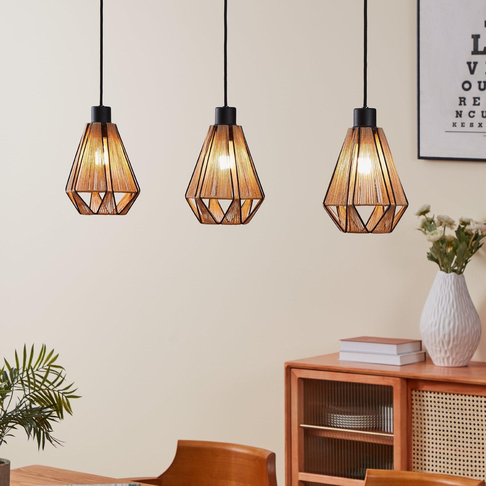 Eglo Adwickle 3-Light Black Metal Wire & Hemp Ceiling Pendant Light Fixture - Modern Farmhouse Lighting for Kitchen, Dining Room, and Bedroom