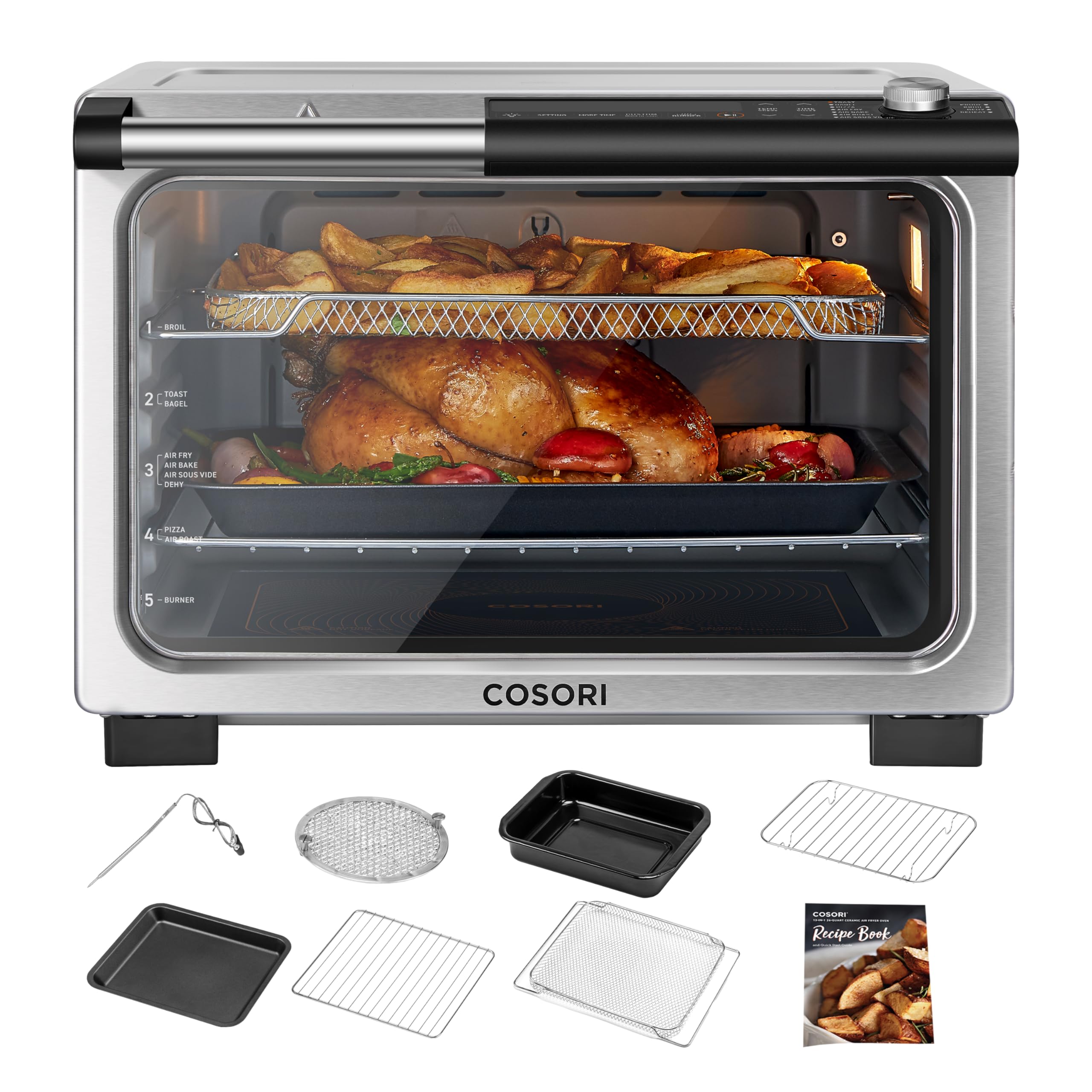 COSORI 13-in-1 Air Fryer Toaster Oven Combo with Ceramic Coating | 26QT Large Capacity | Flat-Sealed Heating Elements for Easy Cleaning | Includes 7 Accessories & Recipe Book | Stainless Steel Silver | Perfect for Baking, Roasting & Air Frying | Ideal for Family Kitchens & Small Spaces