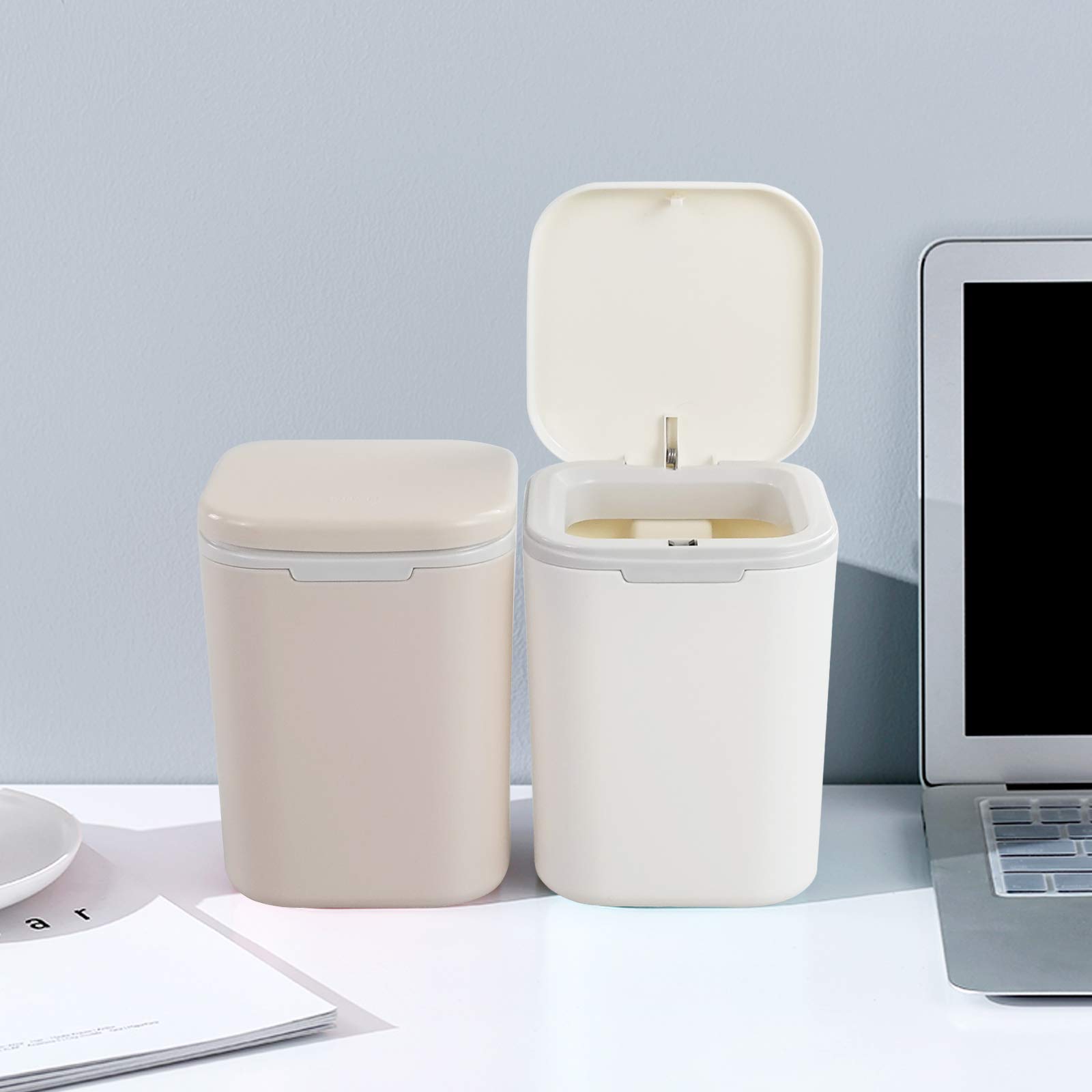 0.5 Gallon Plastic Mini Push-Button Garbage Can - 2L Small Trash Bin for Office Desk, Bathroom, Bedroom, Kitchen - Compact White Wastebasket for Home & Office Use