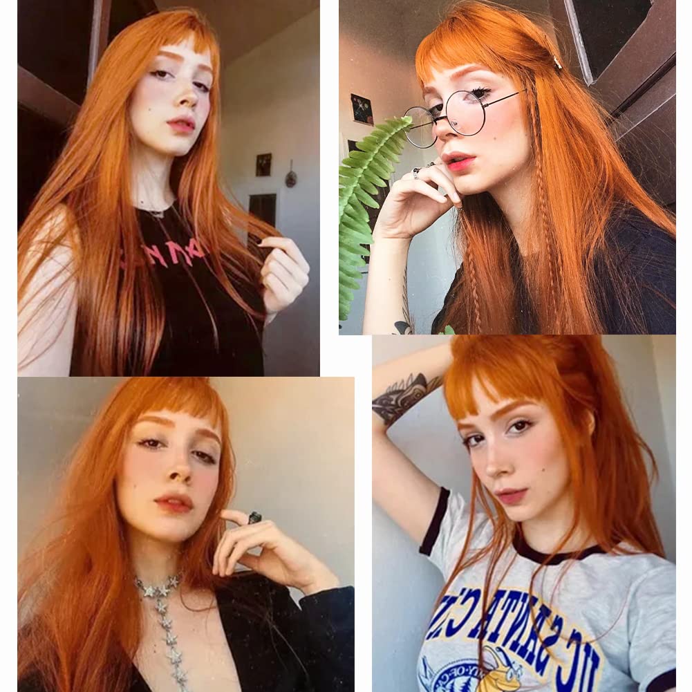 Kaneles Orange Long Straight Wigs for Women with Bangs - Heat Resistant Synthetic Fiber Cosplay Party Wig for Halloween, Costume Events & Anime Conventions