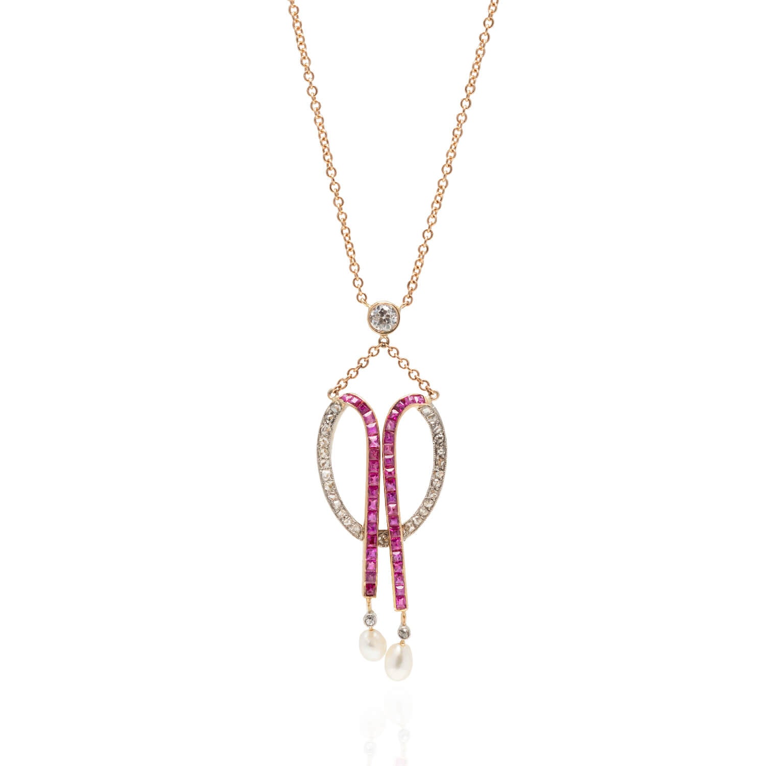 Edwardian 18kt Gold/Platinum Diamond & Ruby Necklace with Natural Pearls - Vintage Jewelry for Weddings, Anniversaries & Special Occasions