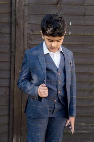 Marc Darcy Boys' Jenson Marine Navy Check 3-Piece Suit | Formal Kids' Suit for Weddings, Parties & Special Occasions