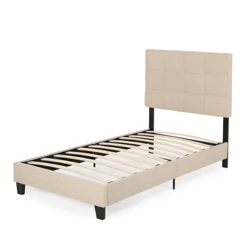Nancy Contemporary Upholstered Twin Bed Platform - Modern Beige & Black Wooden Frame - Perfect for Kids Rooms, Guest Bedrooms & Small Spaces