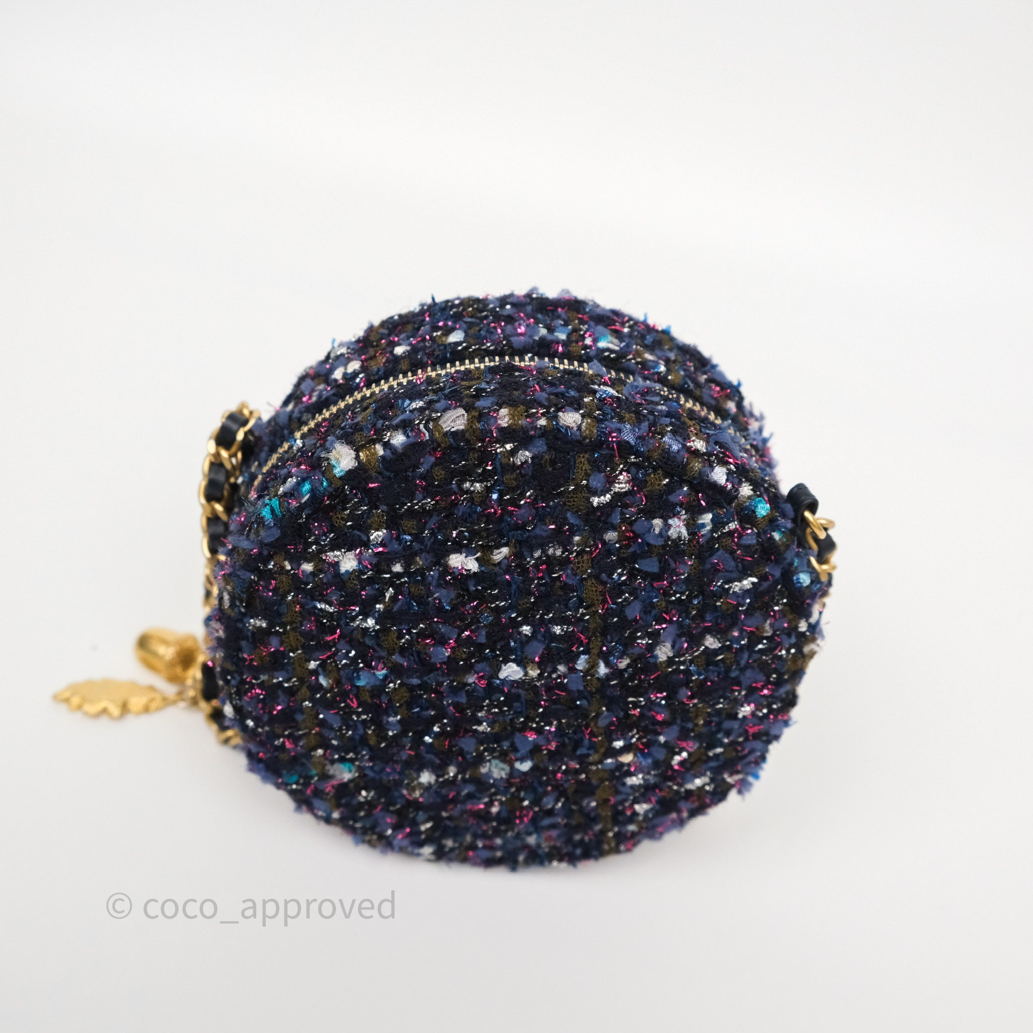 Chanel Navy Purple Tweed Round Clutch Bag with Chain & Aged Gold Hardware - Elegant Evening Clutch for Parties, Weddings & Special Events