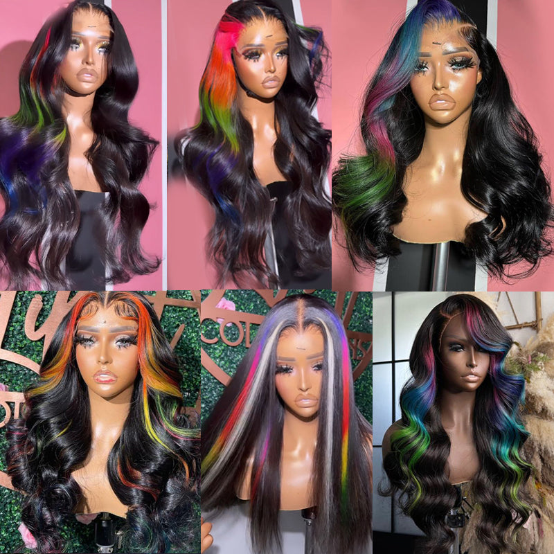 Eullair Multi-Colored Lace Front Wig - Body Wave Human Hair with Blue, Orange & Green Highlights - Pre-Plucked 180% Density Lace Frontal Wigs for Women | Perfect for Cosplay, Parties & Fashion Styling