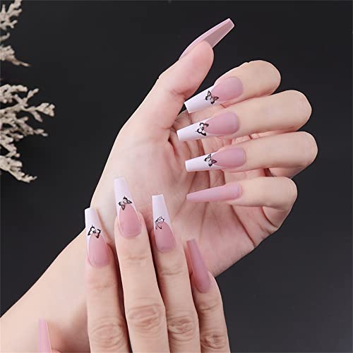 24PCS French Long Press On Nails for Women - Glamorous Fake Nails with Strong Adhesive - Perfect for Parties, Weddings & Special Occasions
