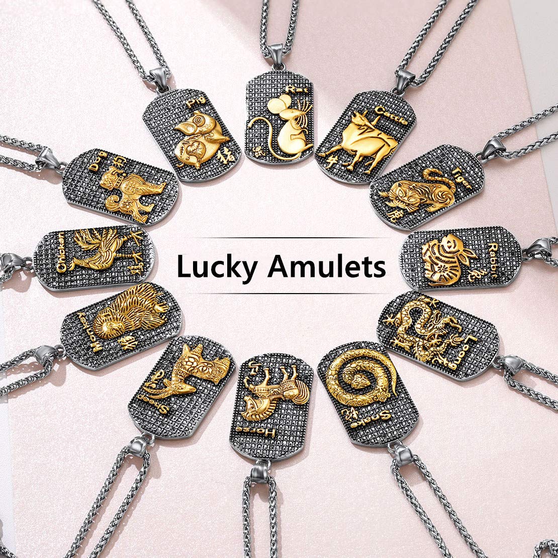 Vintage Chinese Zodiac Dog Tag Necklace for Men - Stainless Steel 18K Gold Plated Kanji Pendant, Custom Personalized Jewelry Gift | Birthday, Anniversary, Father's Day Present