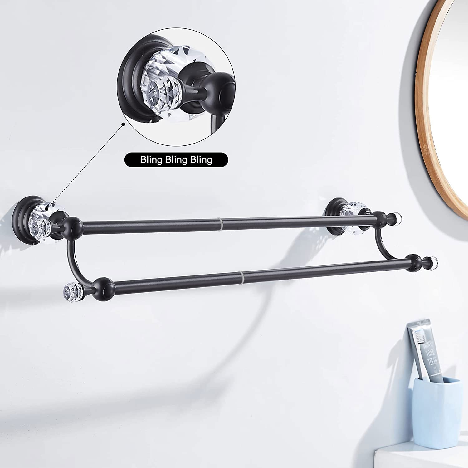 WINCASE Adjustable Double Matte Black Towel Rack - Wall Mounted Bathroom Towel Holder & Hanger for Showers, Baths & Spa Decor (Crystal Design)