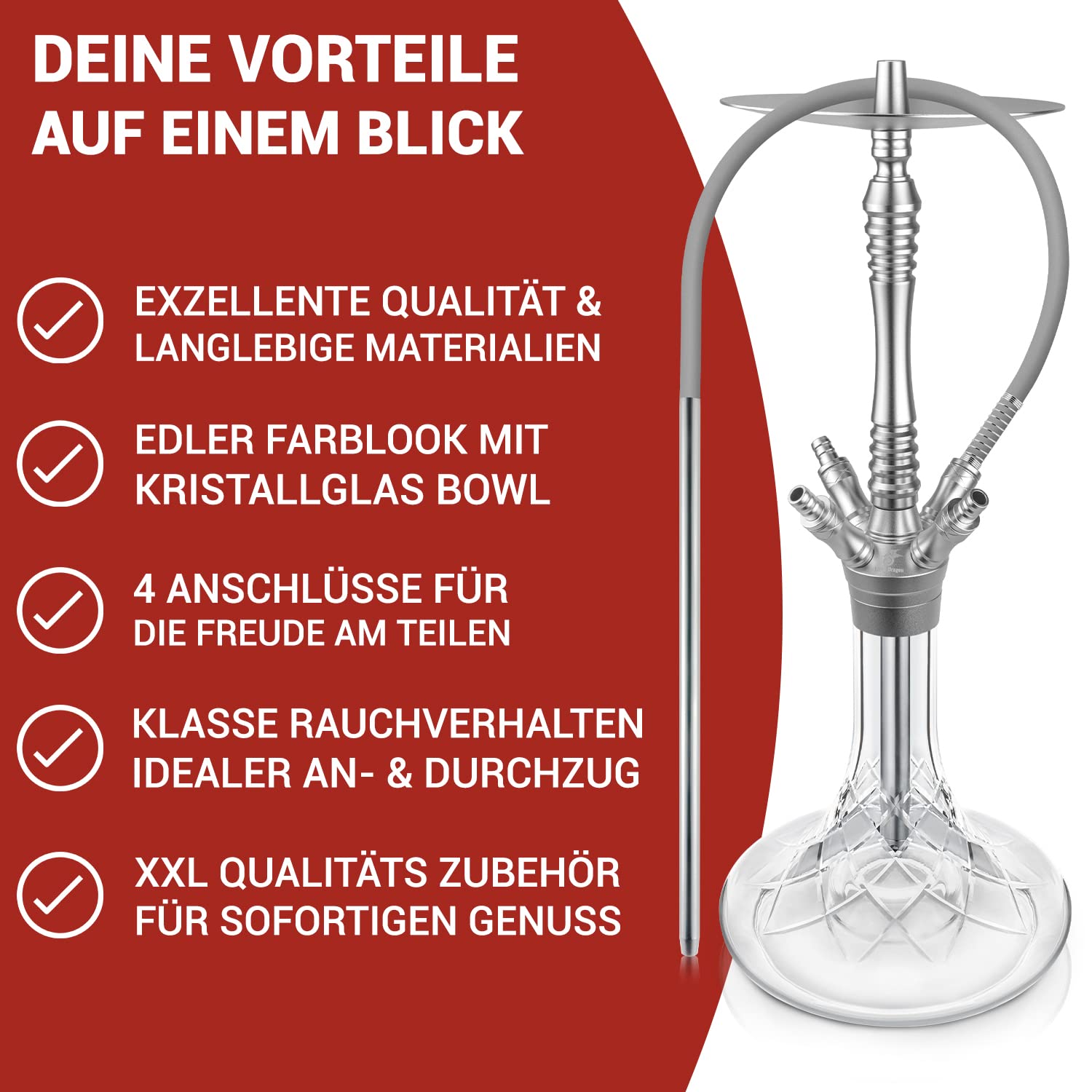 Premium Hookah Set with 4 Hoses - Elegant & Flavorful Hookah Pipe with Click System & Accessories for Ultimate Smoking Experience - Perfect for Parties, Lounges & Relaxation