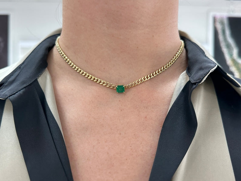 1.84ct Asscher Cut Emerald 14K Gold Cuban Link Choker Necklace for Women - Elegant Statement Jewelry for Parties, Weddings & Special Occasions