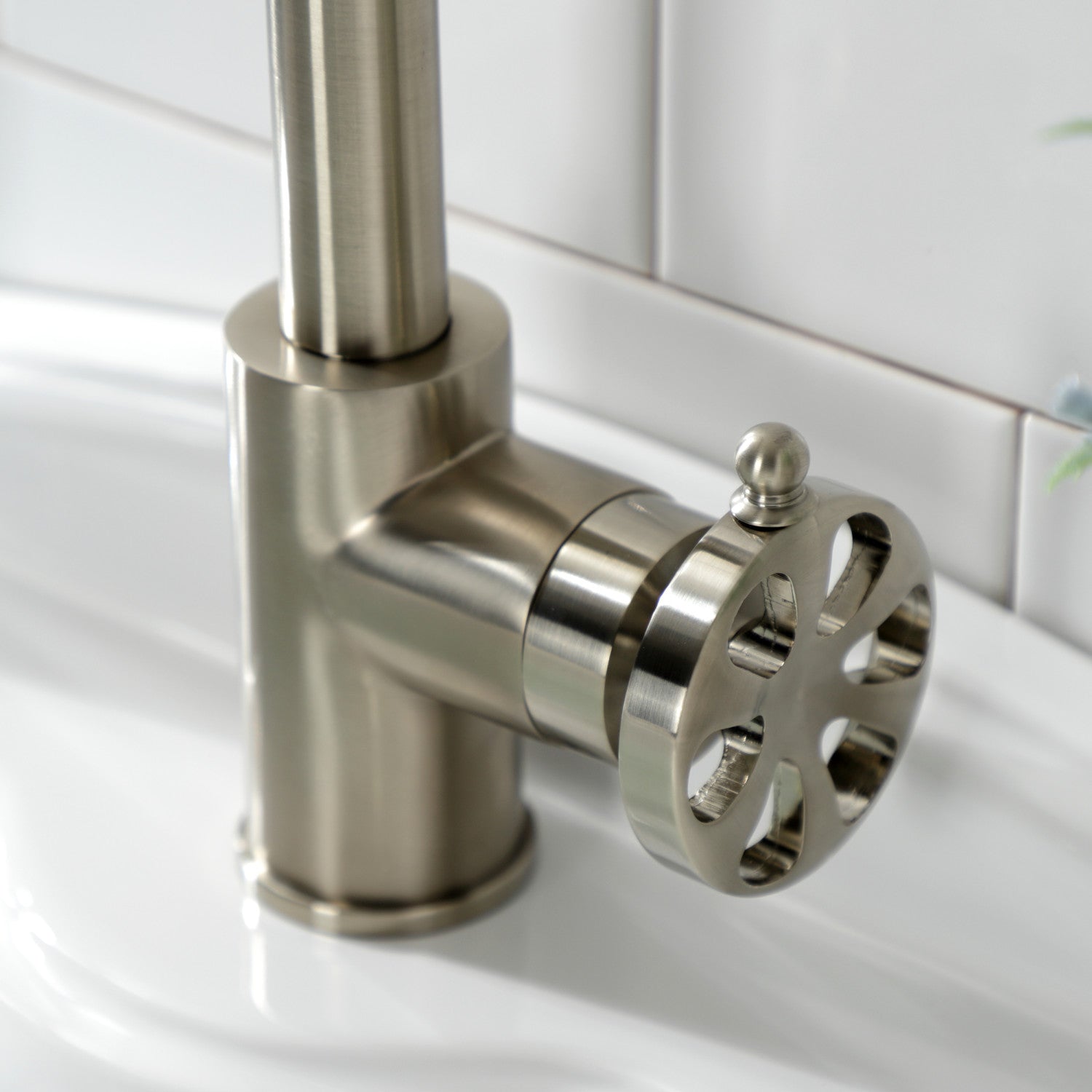 Belknap KS144RXBN Single Handle 1-Hole Bathroom Sink Faucet with Push Pop-Up Drain - Brushed Nickel Finish for Modern Vanity & Powder Room Installation
