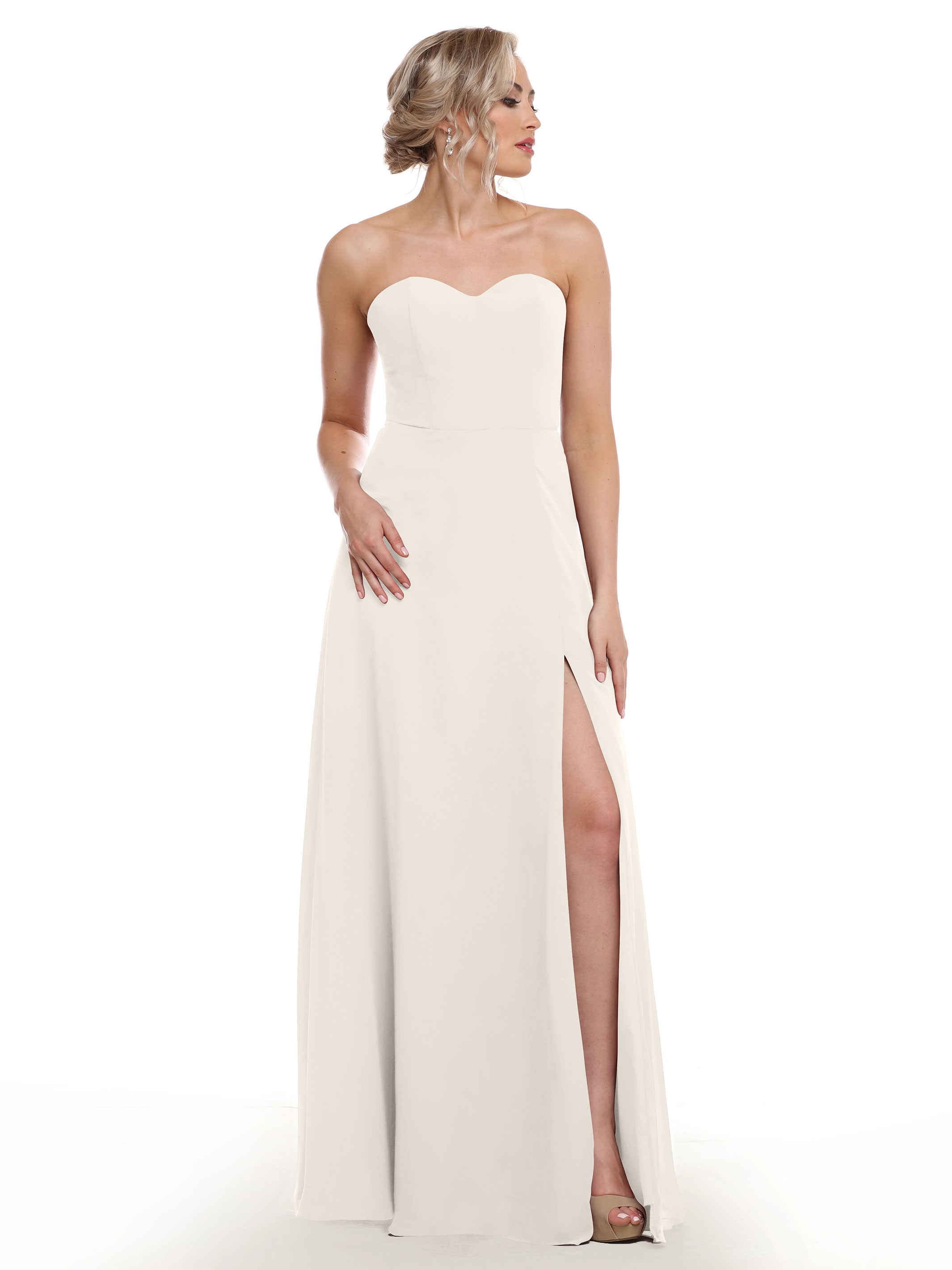 Elegant Strapless Sweetheart Chiffon Bridesmaid Dress with Lace Detail & High Slit - Perfect for Weddings, Proms & Formal Events