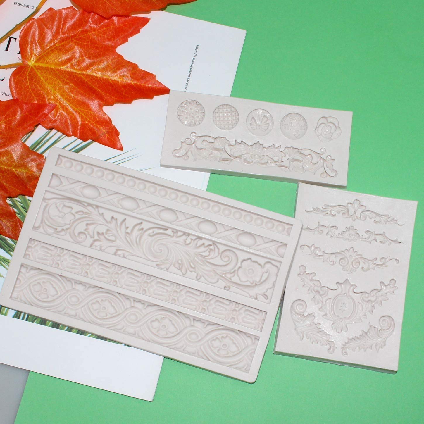 3-Piece Baroque Scroll Border Silicone Fondant Molds - Elegant Lace Design for Cake Decorating, Chocolate, Candy & Polymer Clay - Perfect for Wedding Cakes, Cupcakes & DIY Sugar Crafts