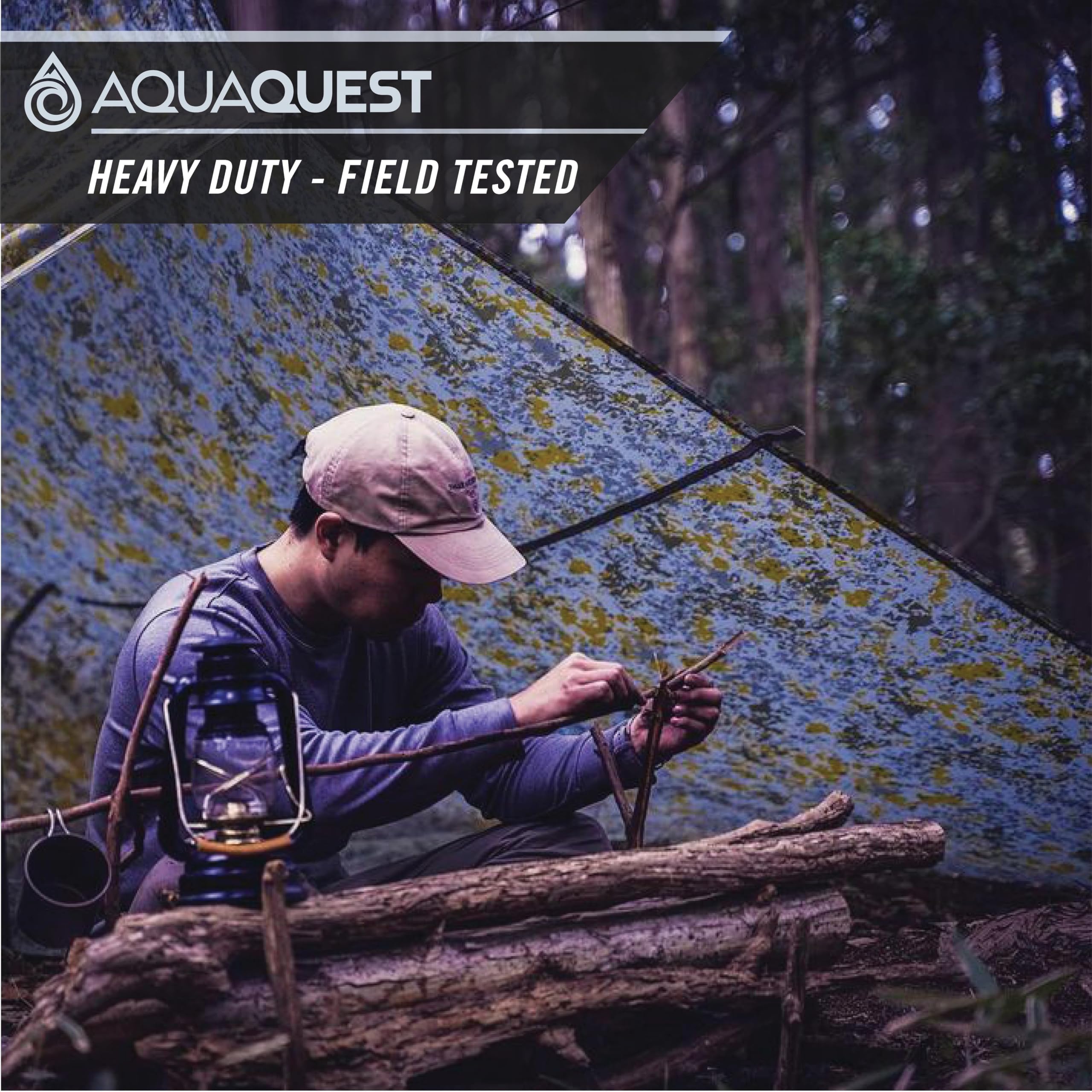 AquaQuest Defender Heavy Duty Waterproof Camping Tarp - 10x10 ft Tent Shelter & Rain Fly for Hiking, Bushcraft, Hammock - Boulder Camo Outdoor Gear for Camping, Backpacking & Survival