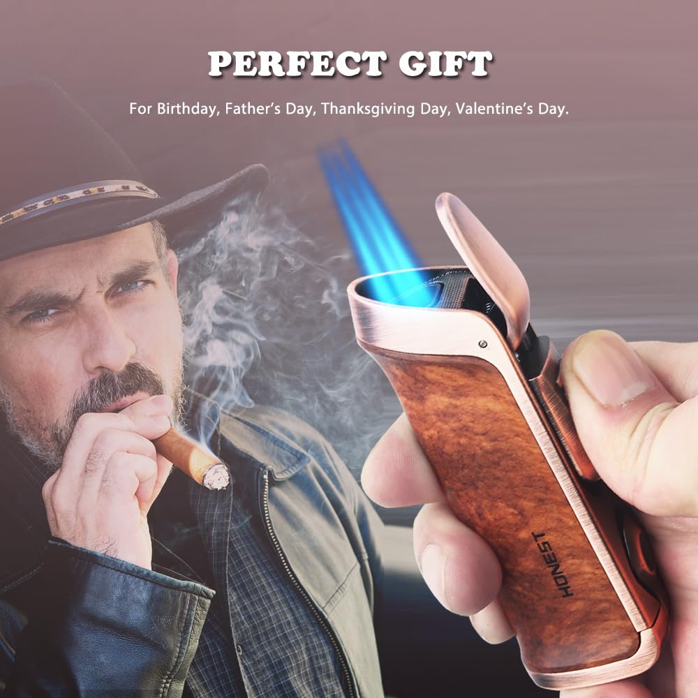 HONEST Triple Jet Torch Lighter with Visible Gas Window - Refillable, Adjustable Flame, Built-in Punch - Perfect for BBQ, Kitchen, Fireplace & Candle Lighting - Great Gift for Men (Brown Wrap)