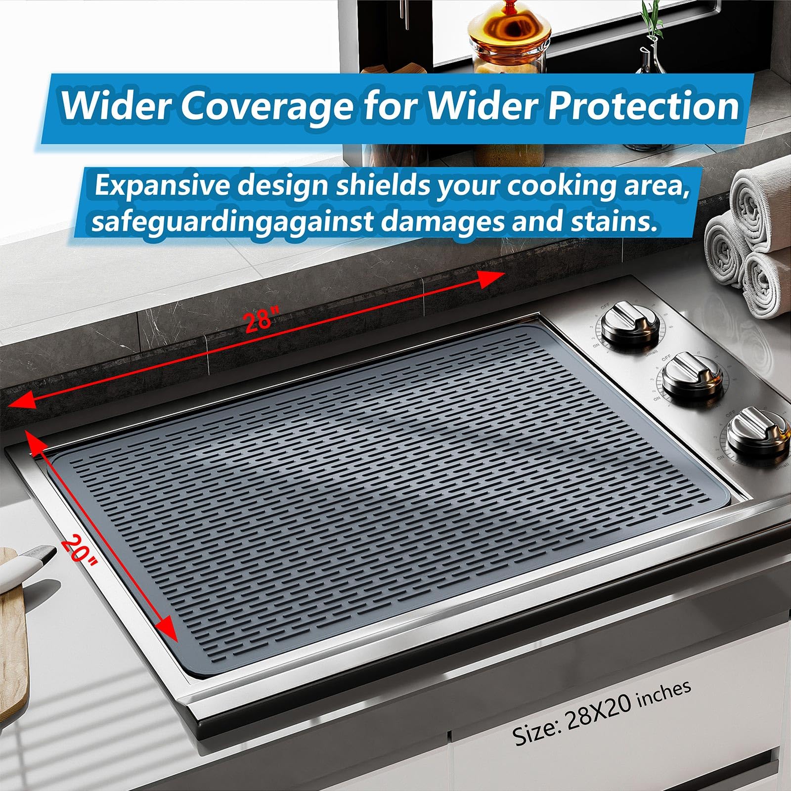 Silicone Electric Stove Top Cover - 28 x 20 Inch Extra Large Glass Cooktop Protector & Dish Drying Mat with 5 Hard Bristle Crevice Cleaning Brushes - Perfect for Kitchen Counter Protection & Spill Prevention