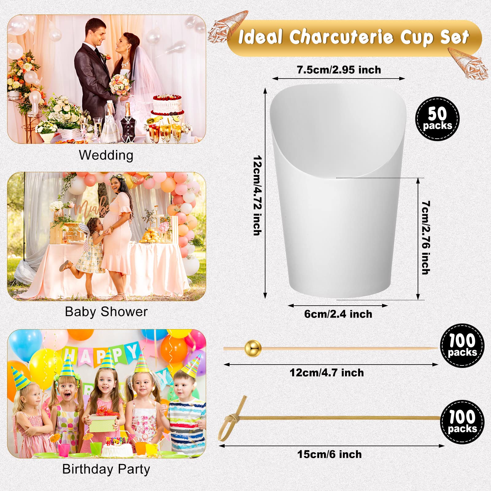 250 Pcs Disposable Charcuterie Cups with 200 Bamboo Skewers & 50 Cocktail Picks - 12 oz White Paper Cones for French Fries, Waffles, Popcorn - Perfect for Weddings, Parties, Takeout & Food Displays