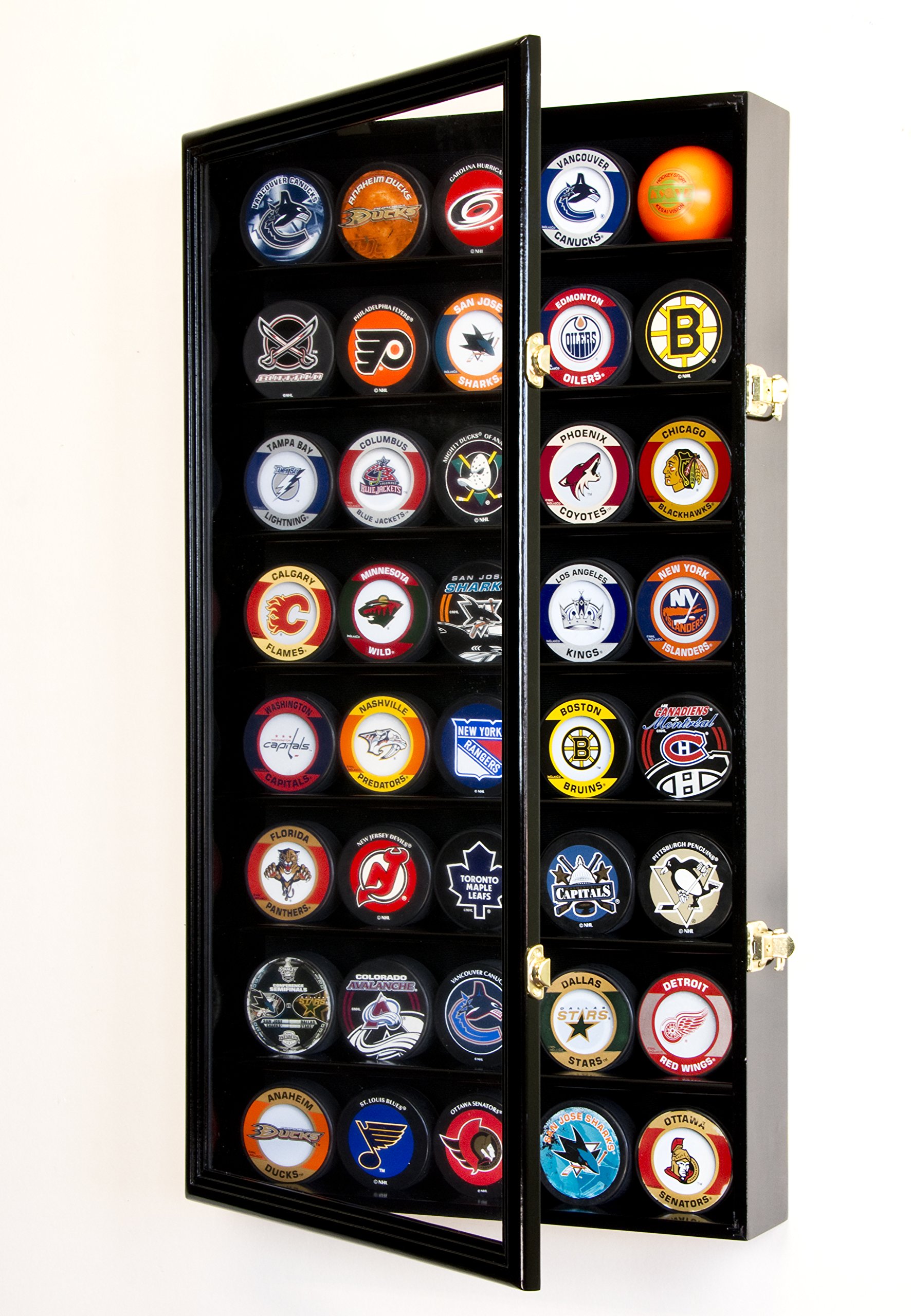 40 Slot Hockey Puck Display Case - UV Protection (98%) - Wall Mount or Tabletop Hockey Memorabilia Showcase for Collectors & Fans