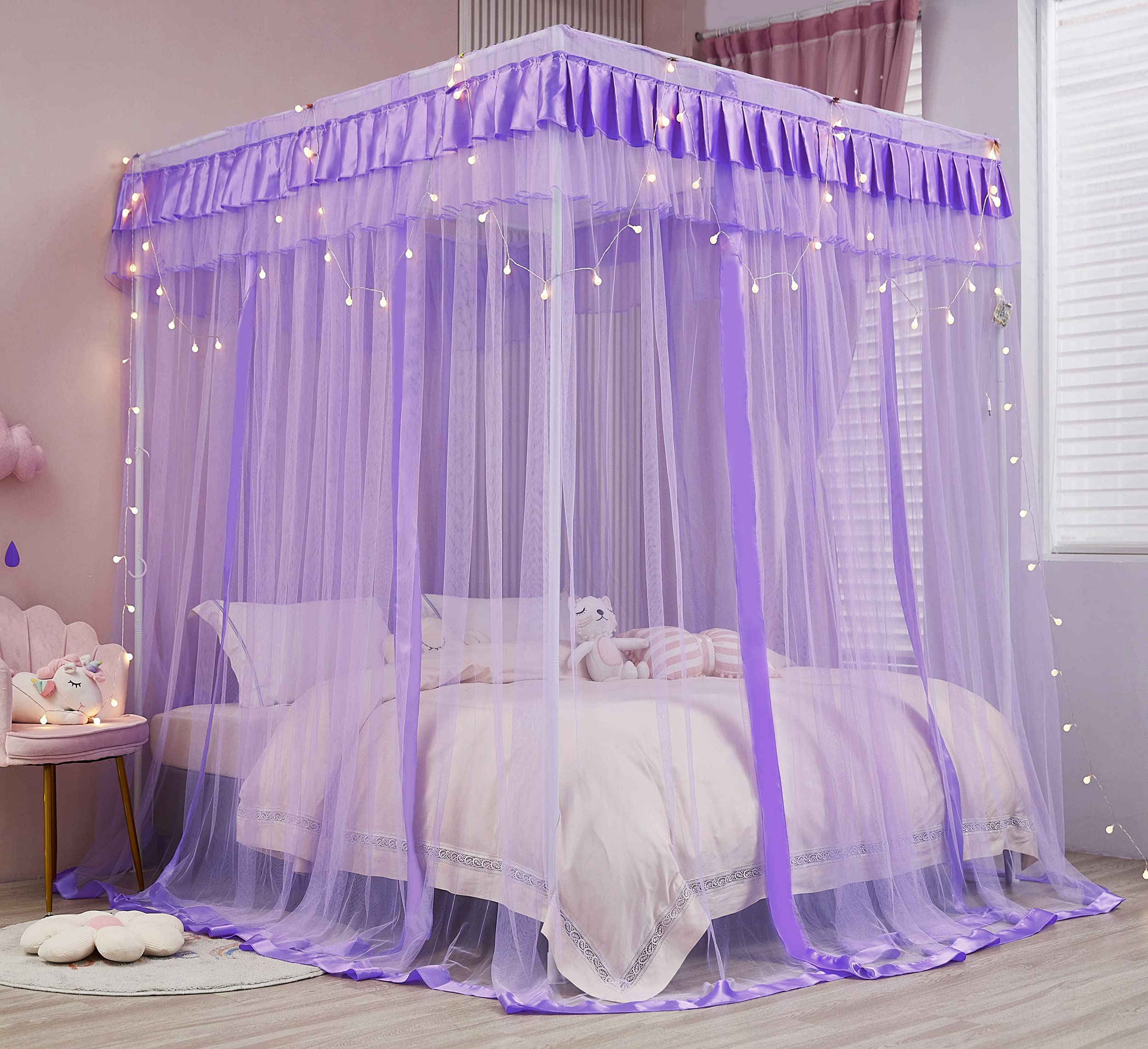 Mengersi Full Size Canopy Bed Curtains for Kids - Purple Princess Bed Drapes, Boys Girls Bedroom Decor, Dreamy Canopy for Daytime Naps & Fantasy Play