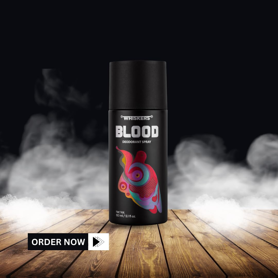 Whiskers Blood Body Deodorant Spray for Men & Women - Long Lasting Perfumed Deodorant with Black Currant, Jasmine & Musk Scent | 150ml | Fresh All Day | Gym, Office & Outdoor Activities