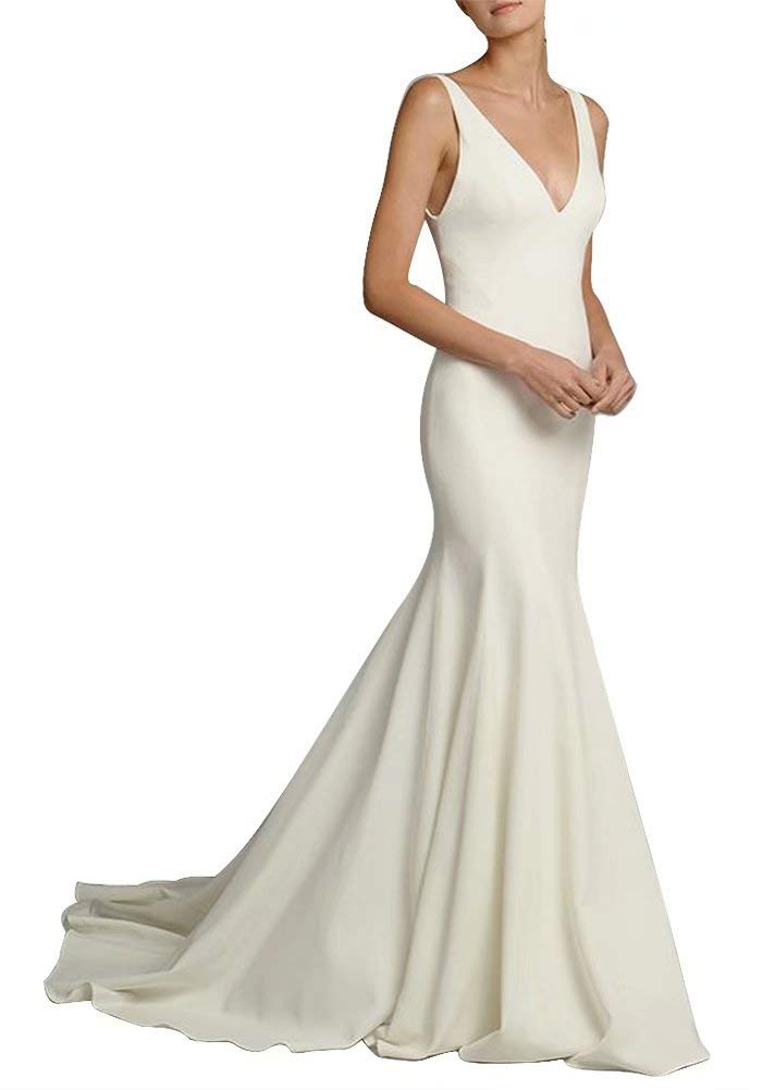 Elegant Long Satin Wedding Dress with Pockets - Mermaid V-Neck Bridal Gown for Women | Perfect for Beach Weddings, Formal Events & Evening Parties