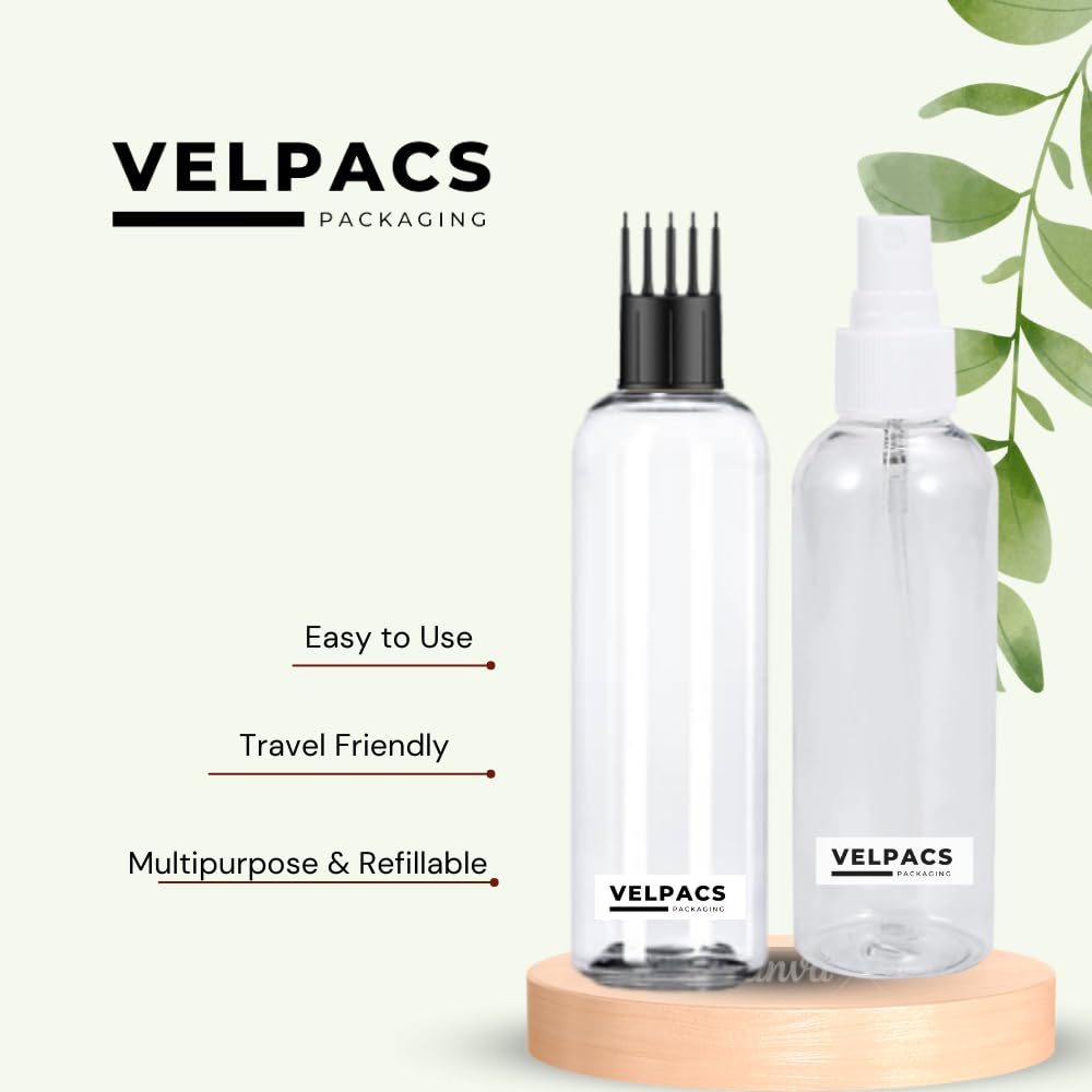 VELPACS PACKAGING 200ml Empty Plastic Bottle Set for Hair Care (1 Applicator + 1 Mist Spray + 1 Trigger Spray) - 3 Pack | Ideal for Rosemary Oil, Essential Oils, Perfume, Rosewater | Travel Size, Leak Proof, Clear Bottles | Perfect for DIY Beauty, Salon Use & Travel Toiletries