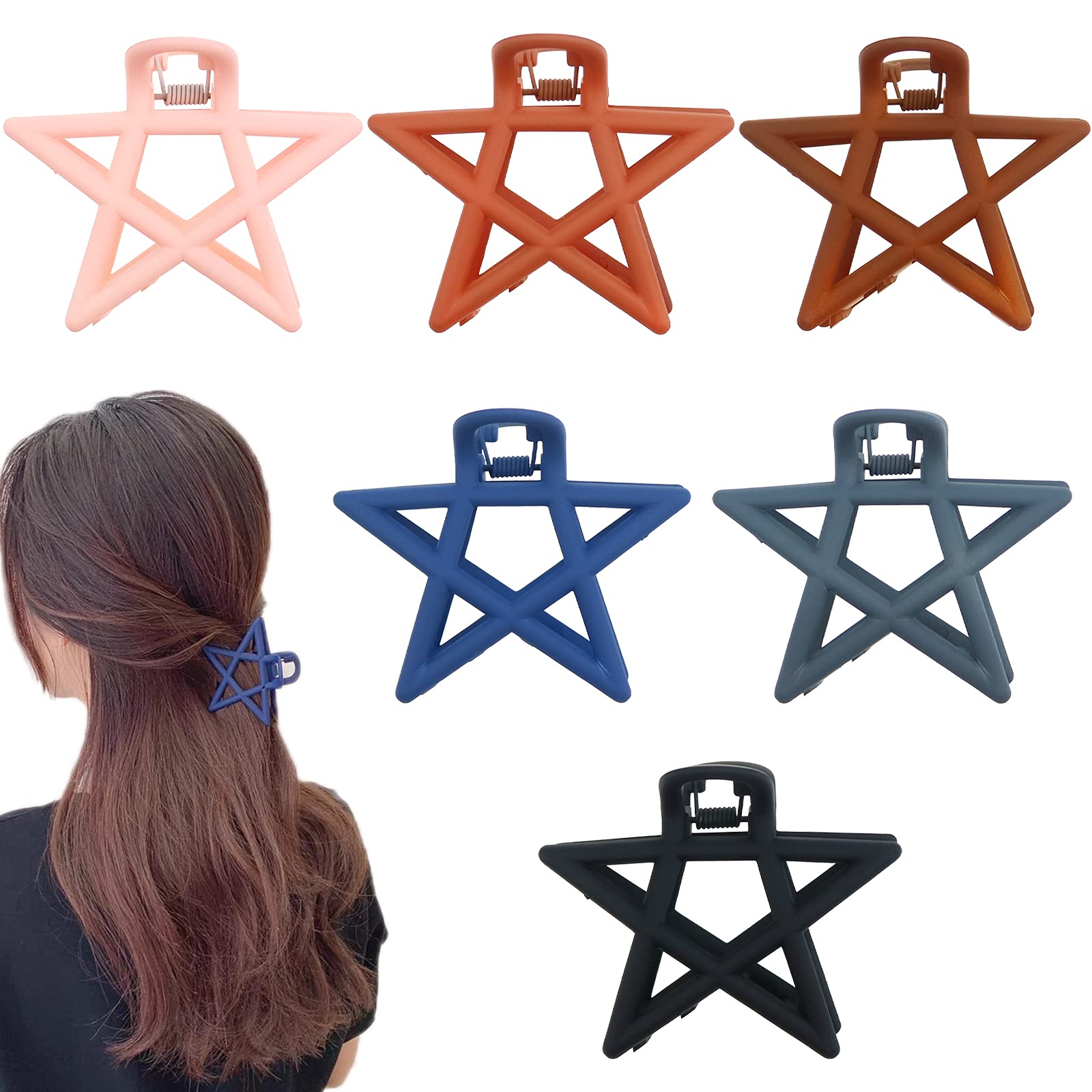 6 Pack Large Hollow Star Hair Claw Clips for Thick Hair - 2.9 Inch Non-Slip Barrettes for Women & Girls - Perfect for Ponytails, Buns & Everyday Hairstyles