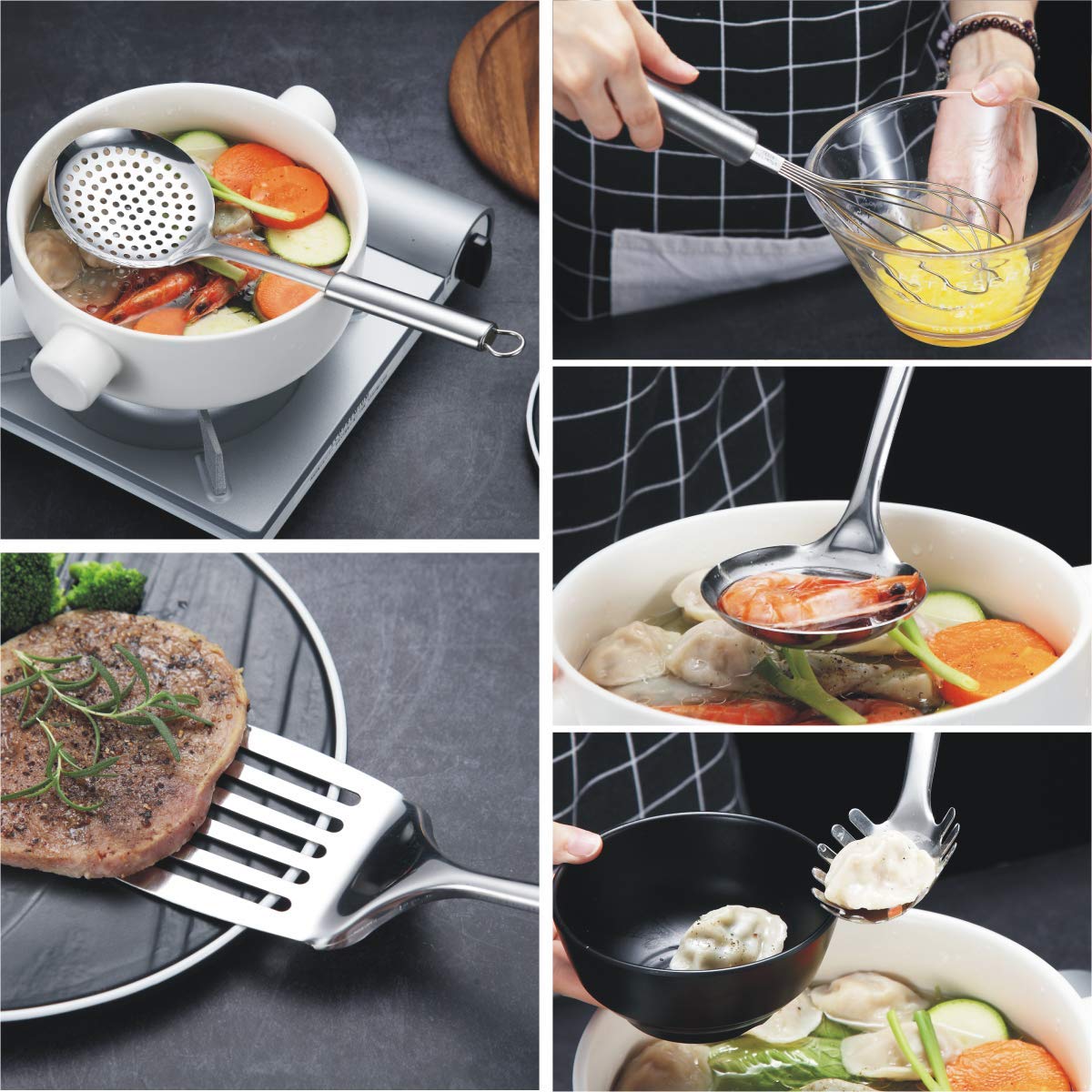 Premium 8-Piece Stainless Steel Kitchen Utensil Set with Stand - Includes Slotted Turner, Ladle, Skimmer, Serving Spoon, Pasta Server, Potato Masher & Egg Whisk - Perfect for Cooking, Baking & Serving Dishes