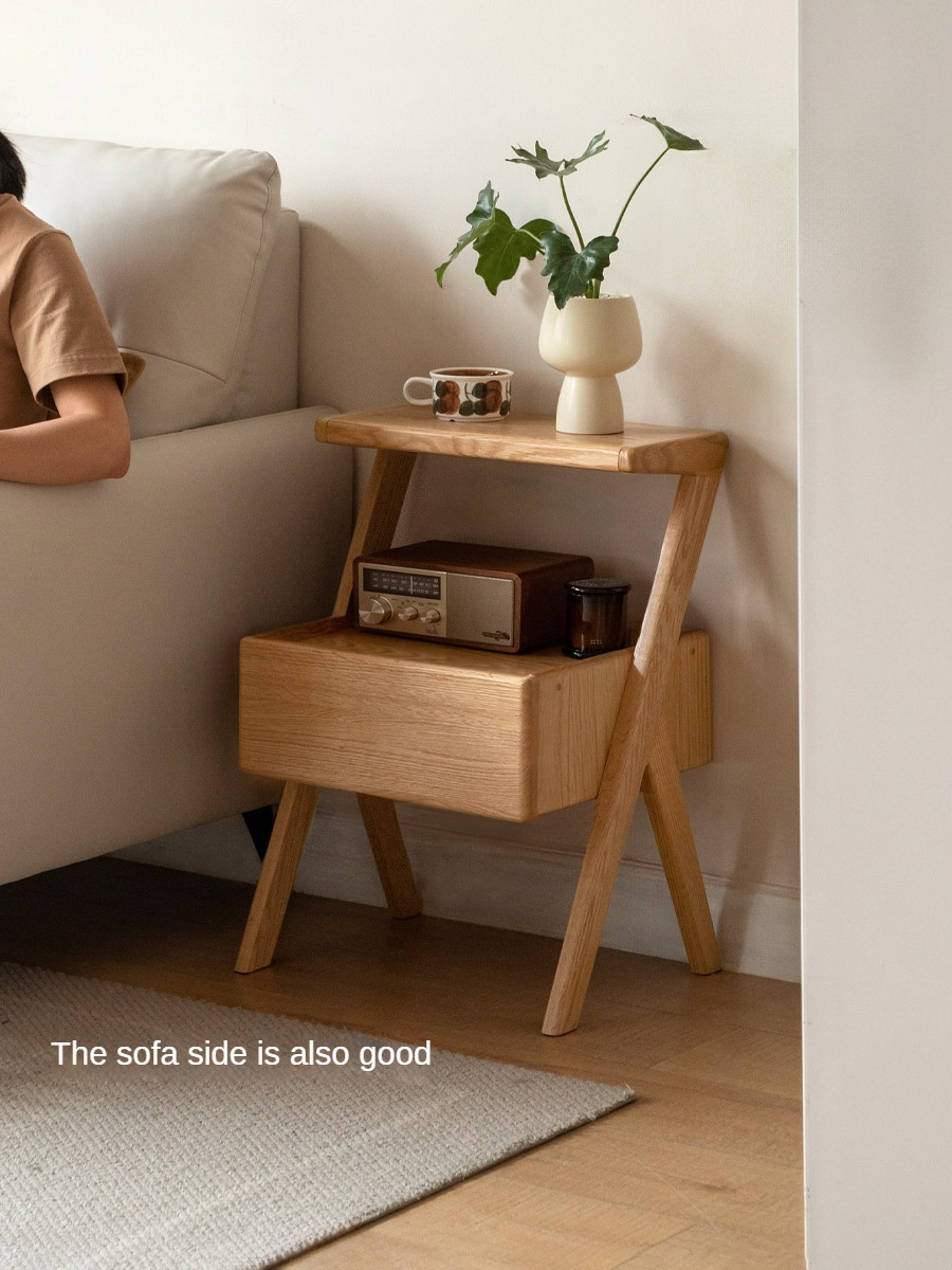 Solid Oak Wood Nightstand with Built-in LED Light - Modern Bedside Table for Bedroom, Living Room & Office