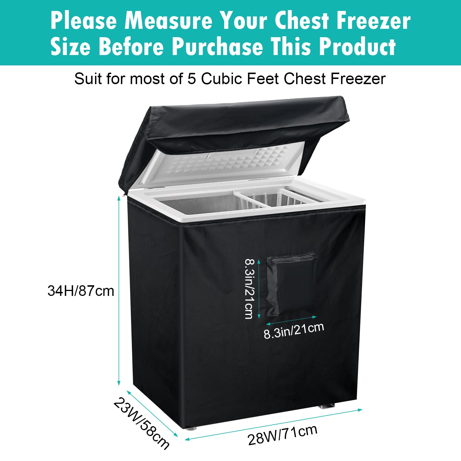 **Waterproof Black Chest Freezer Cover - 28L x 23W x 34H, Fits 5 Cubic Feet Freezers with Zipper Pocket & Strap - Durable & Compact for Indoor/Outdoor Use**    *(Perfect for Garages, Basements, Kitchens, or Outdoor Storage - Protects Freezer from Dust, Moisture & Damage)*