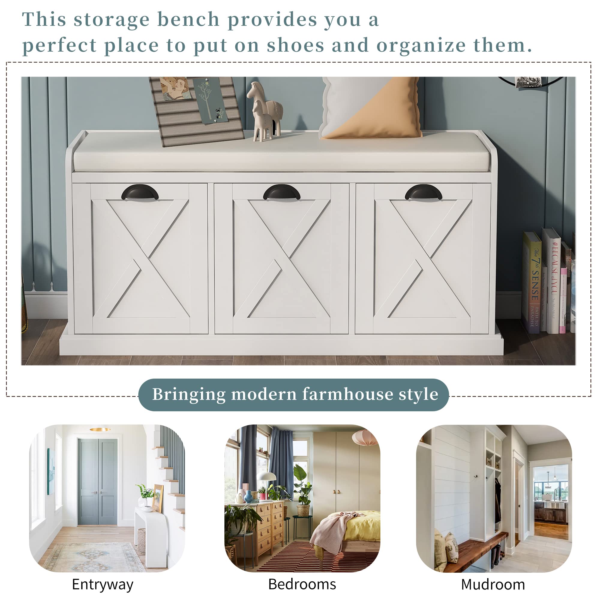 Rustic Solid Wood Storage Bench with 3 Drawers & Velvet Removable Cushion - Entryway Shoe Bench for Hallway, Living Room (Antique Navy) | Perfect for Small Space Organization & Home Decor