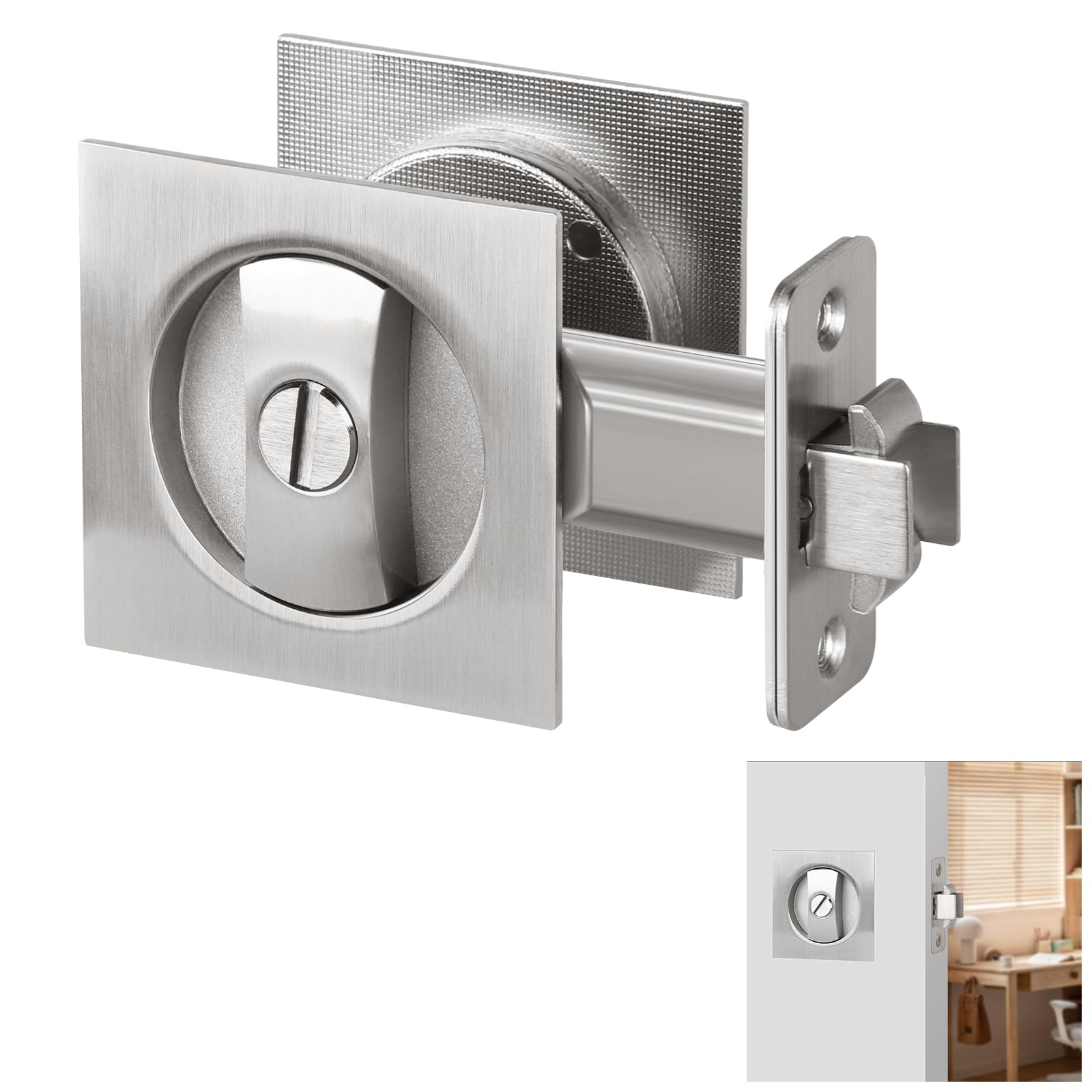 Square Pocket Door Lock - Satin Nickel Contemporary Privacy Sliding Door Hardware, Flush Mount Latch for Bedroom & Bathroom (2-3/8