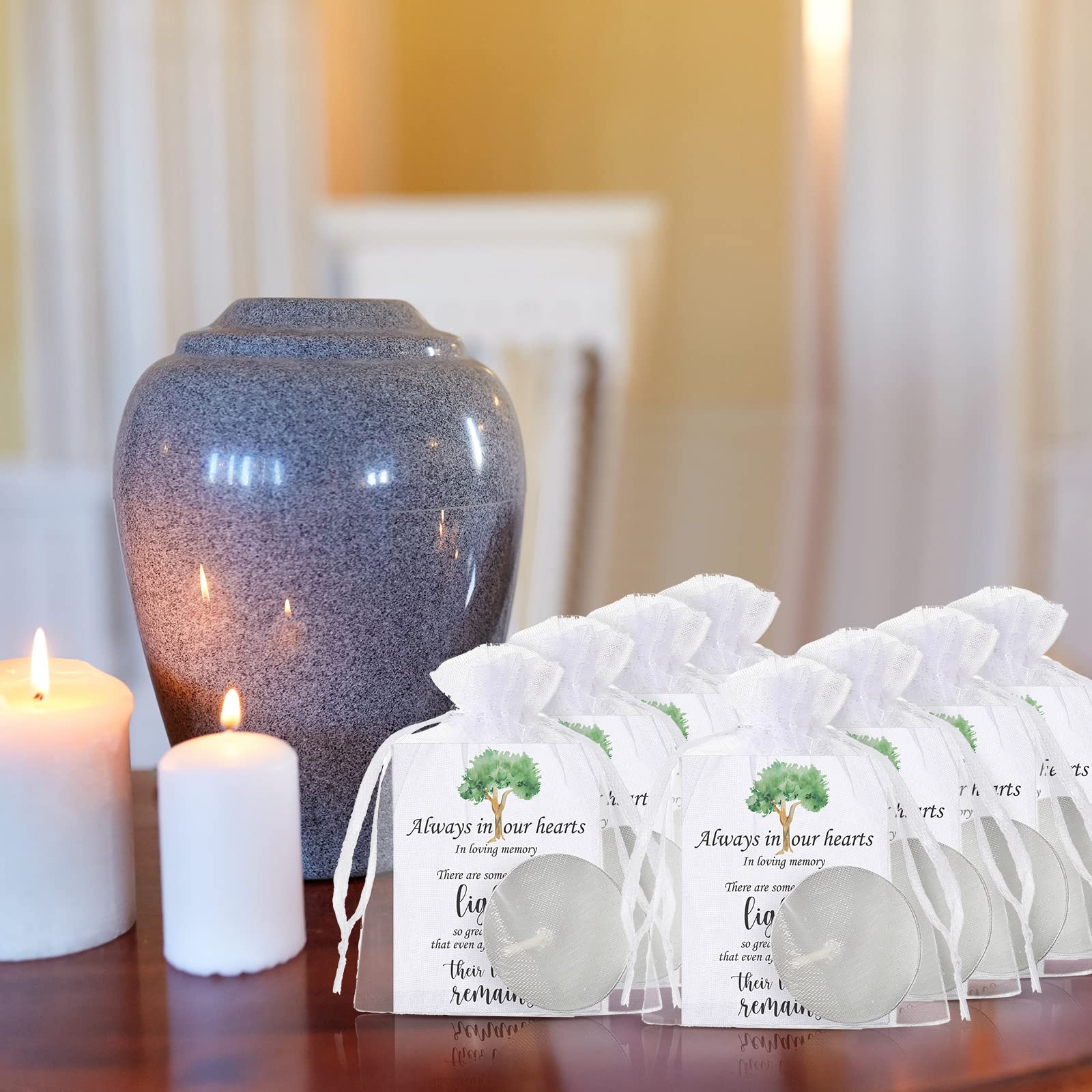 50-Pack Memorial White Unscented Tealight Candles with Condolence Cards & Organza Bags - Funeral Party Favors, Sympathy Gifts for Celebration of Life Decorations - Perfect for Memorial Services, Candlelight Vigils & Remembrance Events