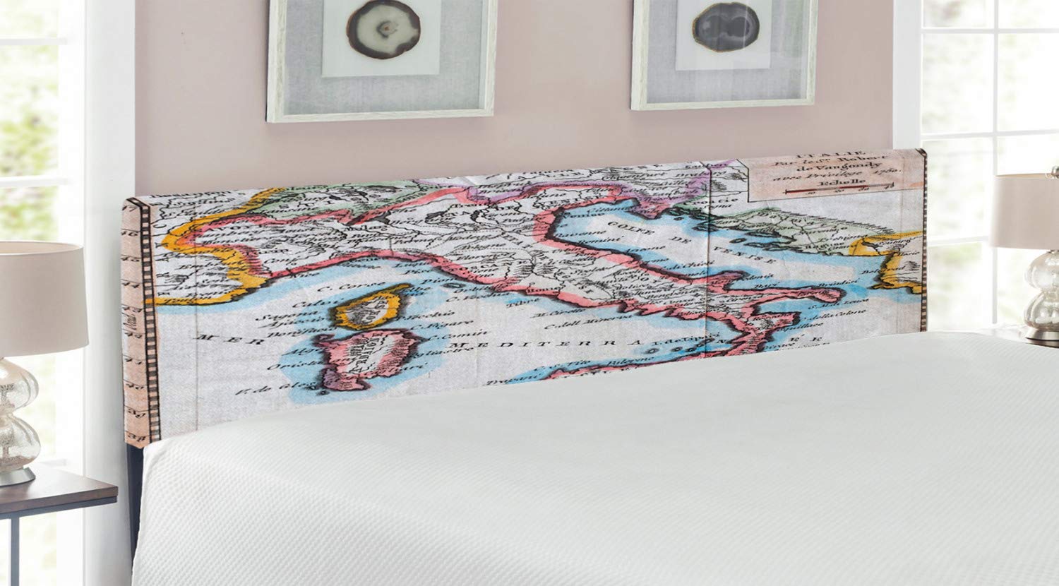Ambesonne Wanderlust Upholstered Headboard - King Size Vintage Italy Map Print by Royal French Geographer Vaugondy, Decorative Metal Bed Frame with Memory Foam | Perfect for Bedroom Makeovers, Travel-Themed Decor & Luxury Hotel Style