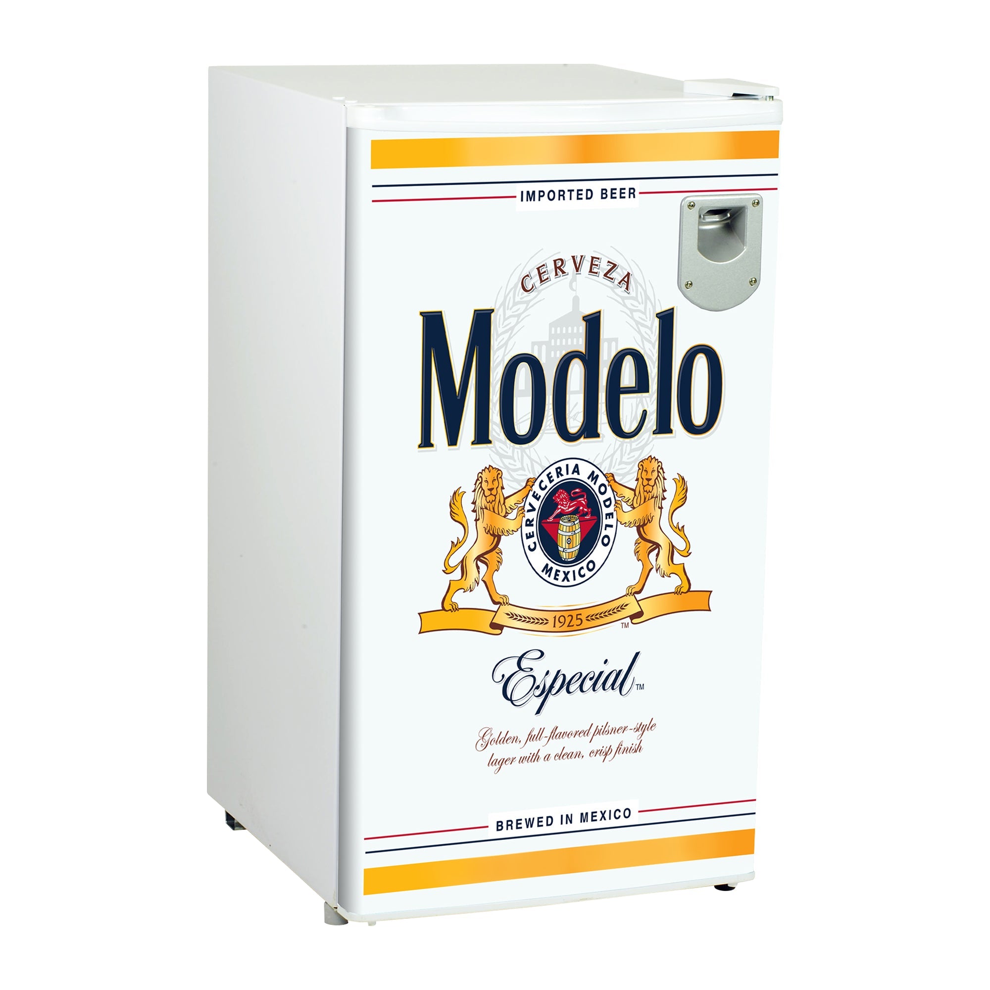 Modelo Compact Refrigerator with Bottle Opener - 3.2 cu ft (90L) White Mini Fridge, Space Saving Flat Back Design, Reversible Door, Tempered Glass Shelves - Licensed Modelo Beer Branding - Perfect for Home, Office, Dorm, or Man Cave - Great for Storing Beer, Beverages & Snacks