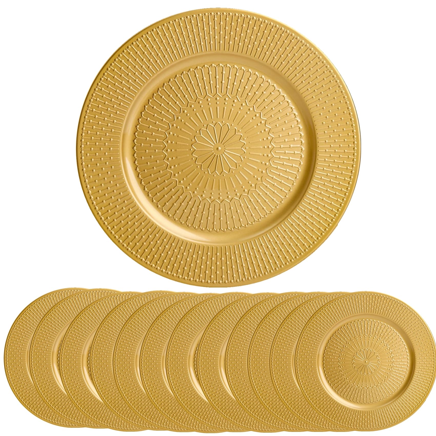 12 Pack Gold Round Charger Plates - 13 Inch Thick Decorative Dinner Plate Chargers for Wedding, Birthday, Christmas & Holiday Events - Perfect for Banquets, Thanksgiving Dinners & Church Celebrations