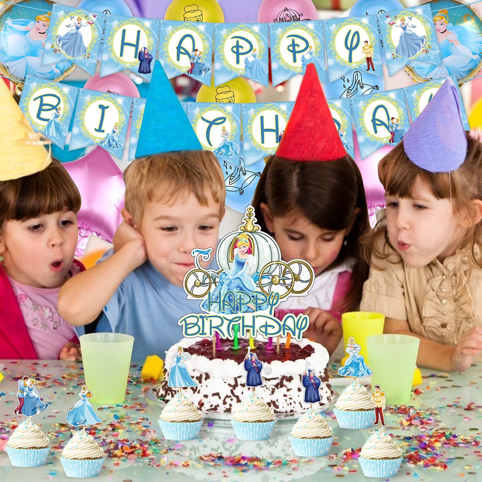 UINKI Cinderella Birthday Party Decorations Set - Princess Balloons, Banner, Cake Toppers & Swirls for Kids Fairy Tale Theme Party | Perfect for Birthday Celebrations, Baby Showers & Princess-Themed Events