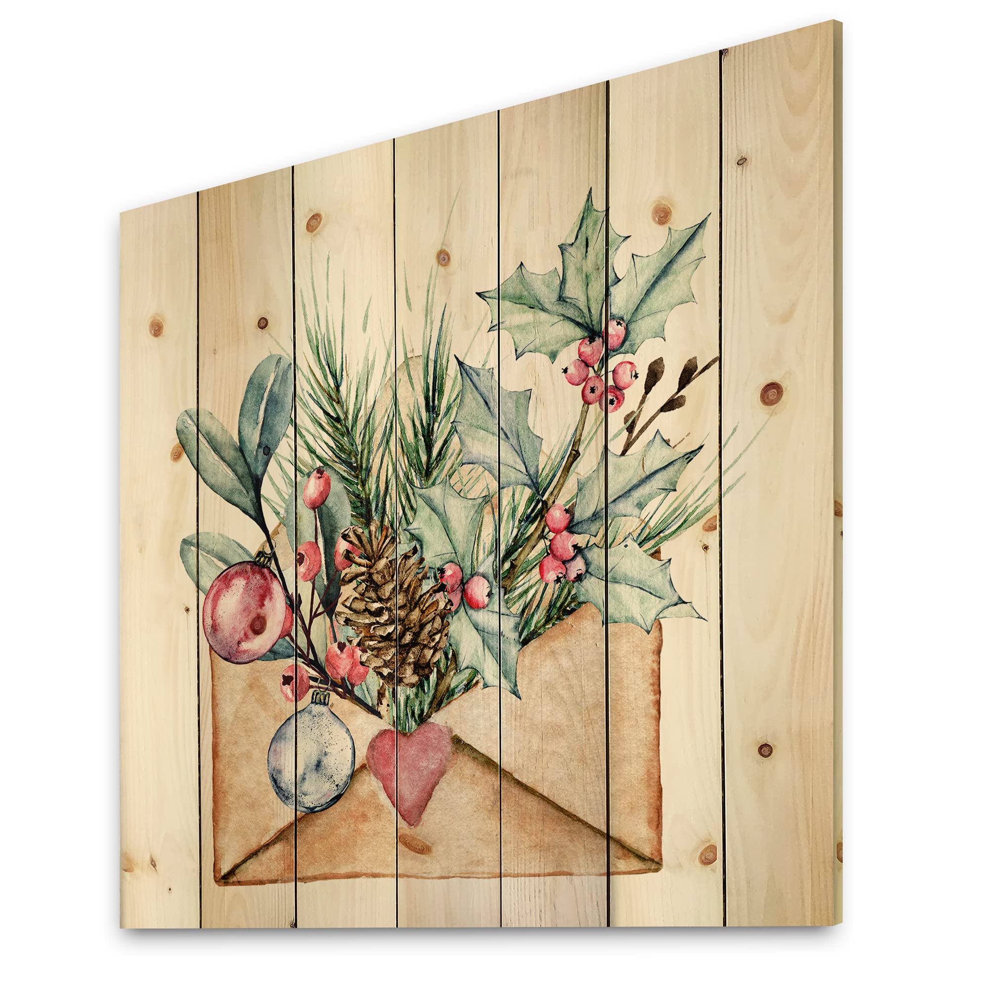 DesignQ Merry Christmas Greeting Card - Traditional Wood Wall Decor, Green Wood Wall Art, Large Floral Wood Panel Printed on Natural Pine - Perfect for Holiday Home Decor, Christmas Gifts & Festive Wall Art