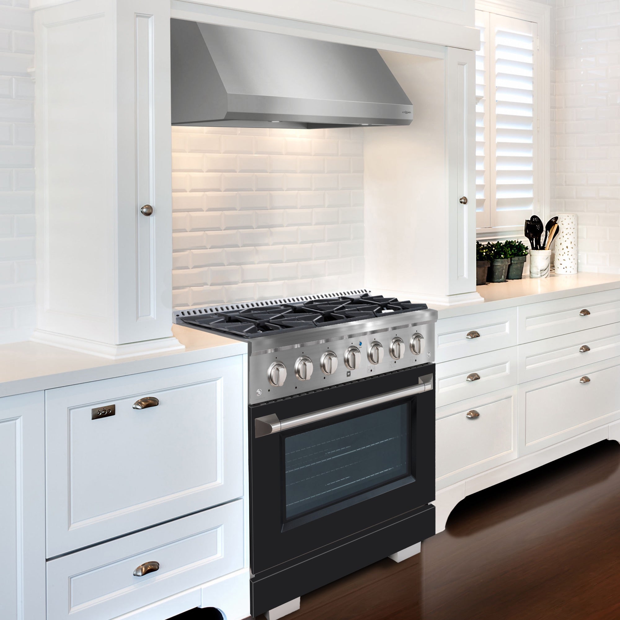 Ancona 36 Inch 5.2 cu. ft. Stainless Steel Gas Range with 6 Burners, Convection Oven & Black Door - Perfect for Large Family Cooking, Holiday Meals & Professional Style Kitchens