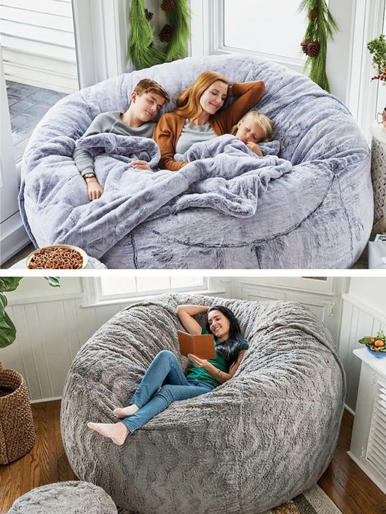 **6FT Giant Fluffy Bean Bag Chair for Adults & Kids - Comfy Round Lazy Sofa Cover Without Filling - Perfect for Reading, Gaming & Lounging - Black**