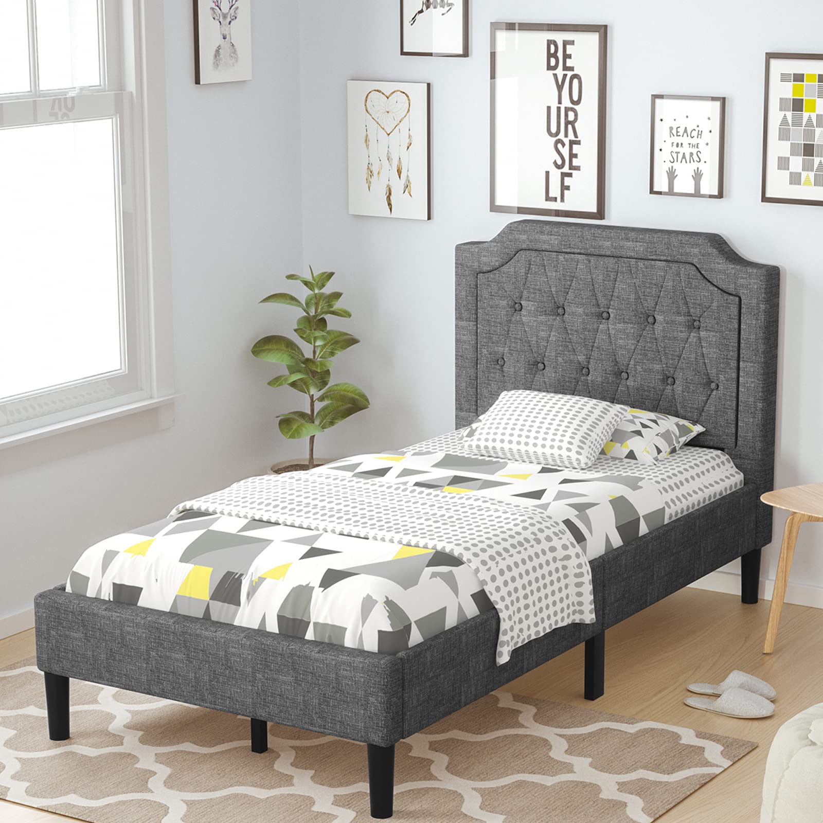 Giantex Twin Size Upholstered Bed Frame with Button Stitched Headboard - Sturdy Metal Frame & 10 Wooden Slats Support - No Box Spring Needed - Perfect for Small Bedrooms, Guest Rooms & Dorm Rooms