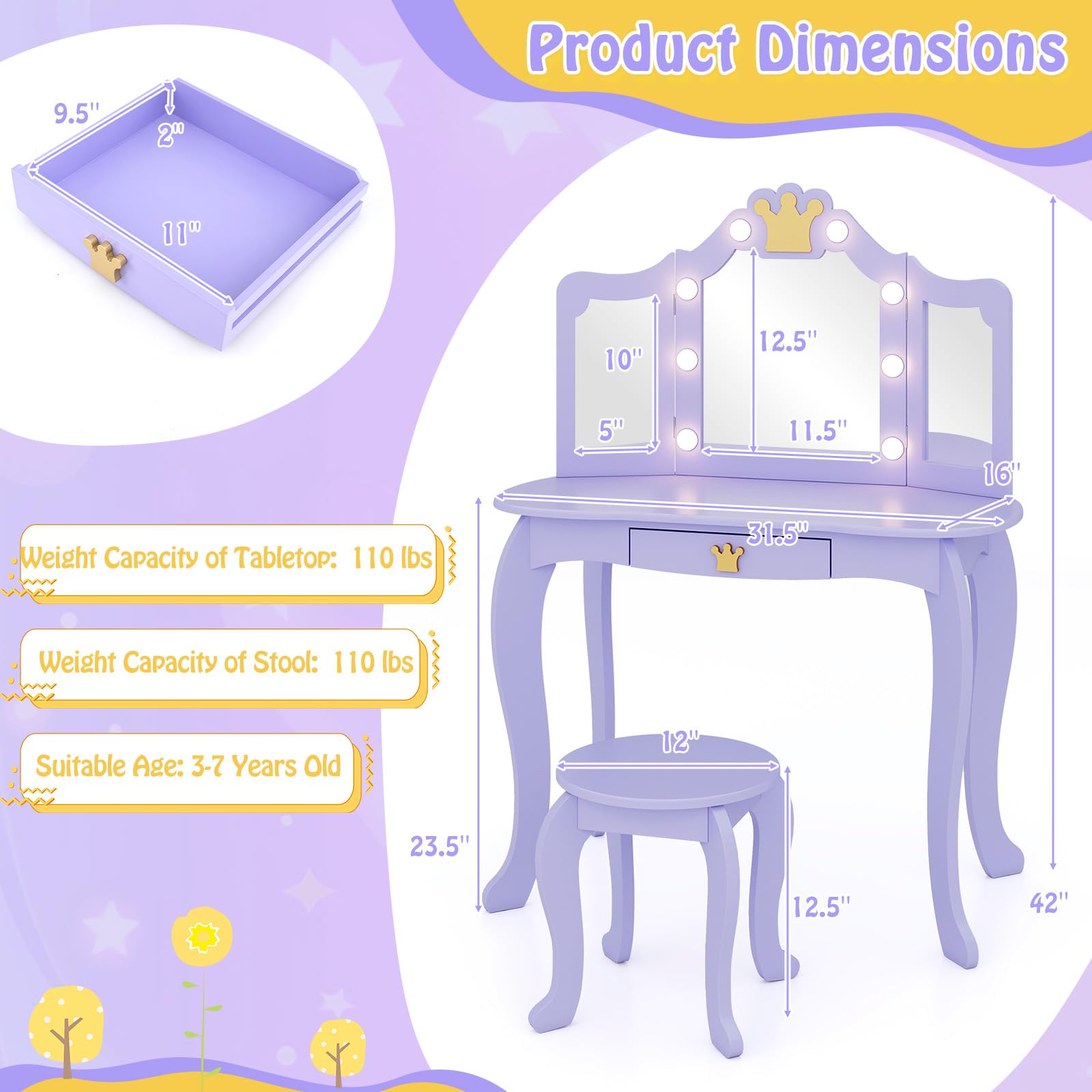 GLACER Girls Vanity Set with Mirror, Stool & LED Lights - 2-in-1 Wooden Princess Makeup Vanity Desk with 3 Lighting Modes, Storage Drawer & Adjustable Chair - Kids Vanity Table Set for Bedroom (Violet) - Perfect for Birthday Gifts, Playroom Decor & Pretend Play