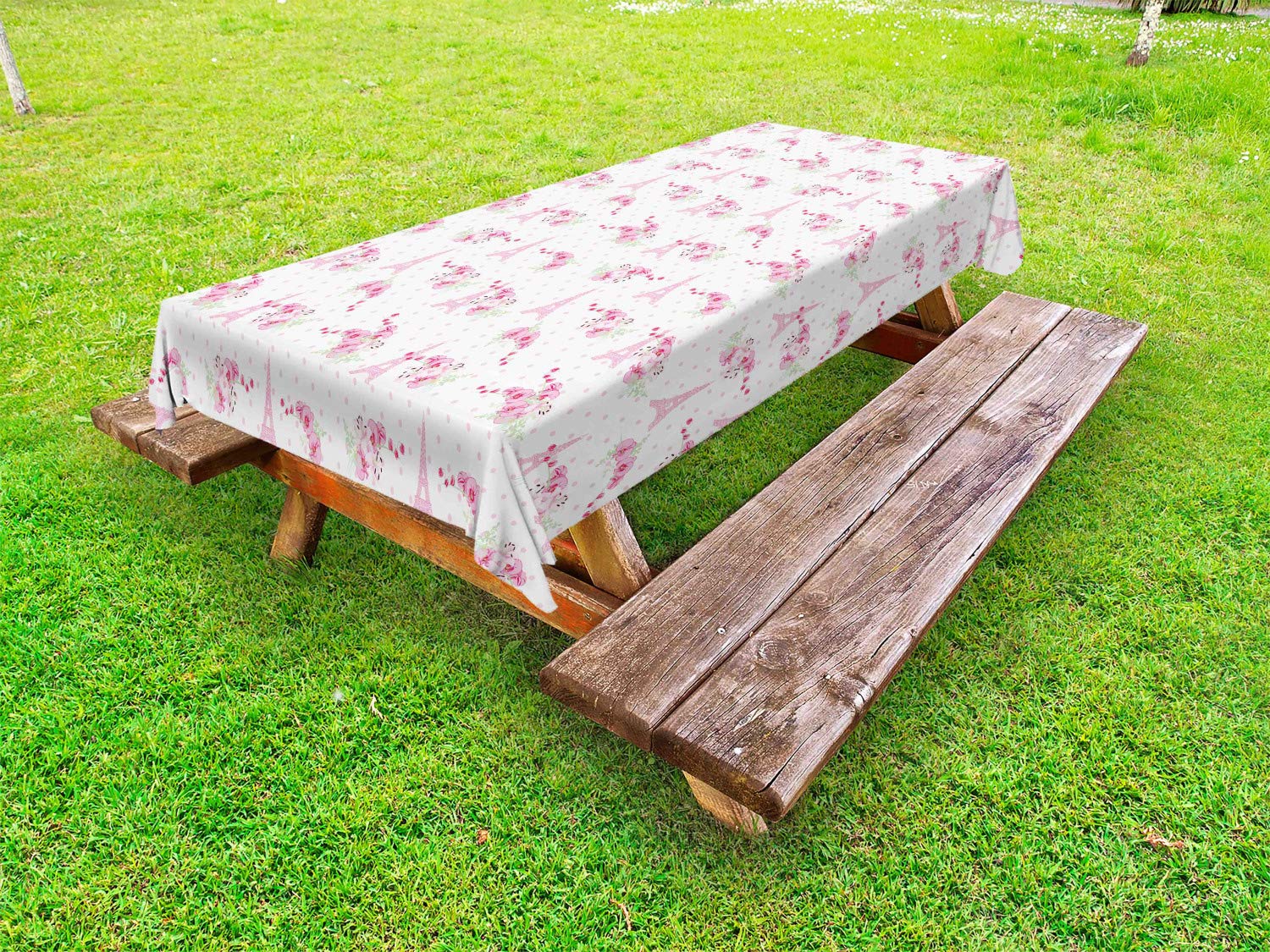 Ambesonne Parisian Floral Outdoor Tablecloth - Pink Flower Bouquet & Eiffel Tower Design on Polka Dots, Washable Picnic Table Cover 58x120 Inches (Pale Pink, Green, White) - Perfect for Garden Parties, Romantic Dates & Outdoor Dining