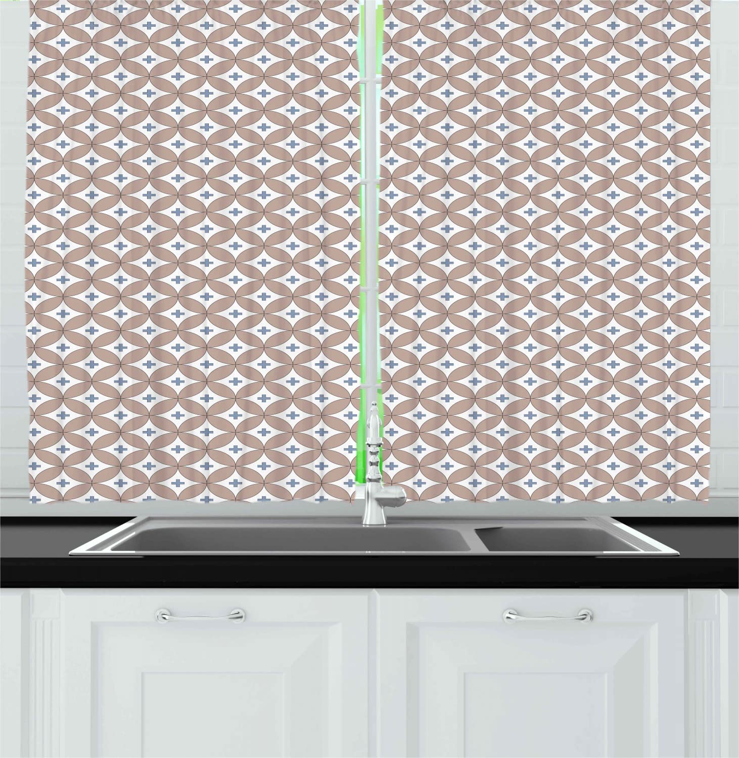 Ambesonne Geometric Long Kitchen Curtains - Abstract Entwined Circles with Plus Signs Design, 2 Panel Rod Pocket Drapes 55